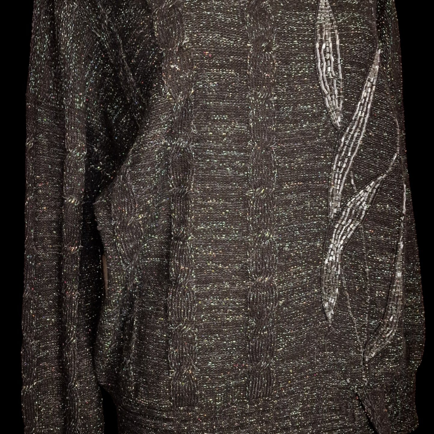 90er Vintage Pullover in schwarz-grau mit Lurex und Pailletten Longpulli