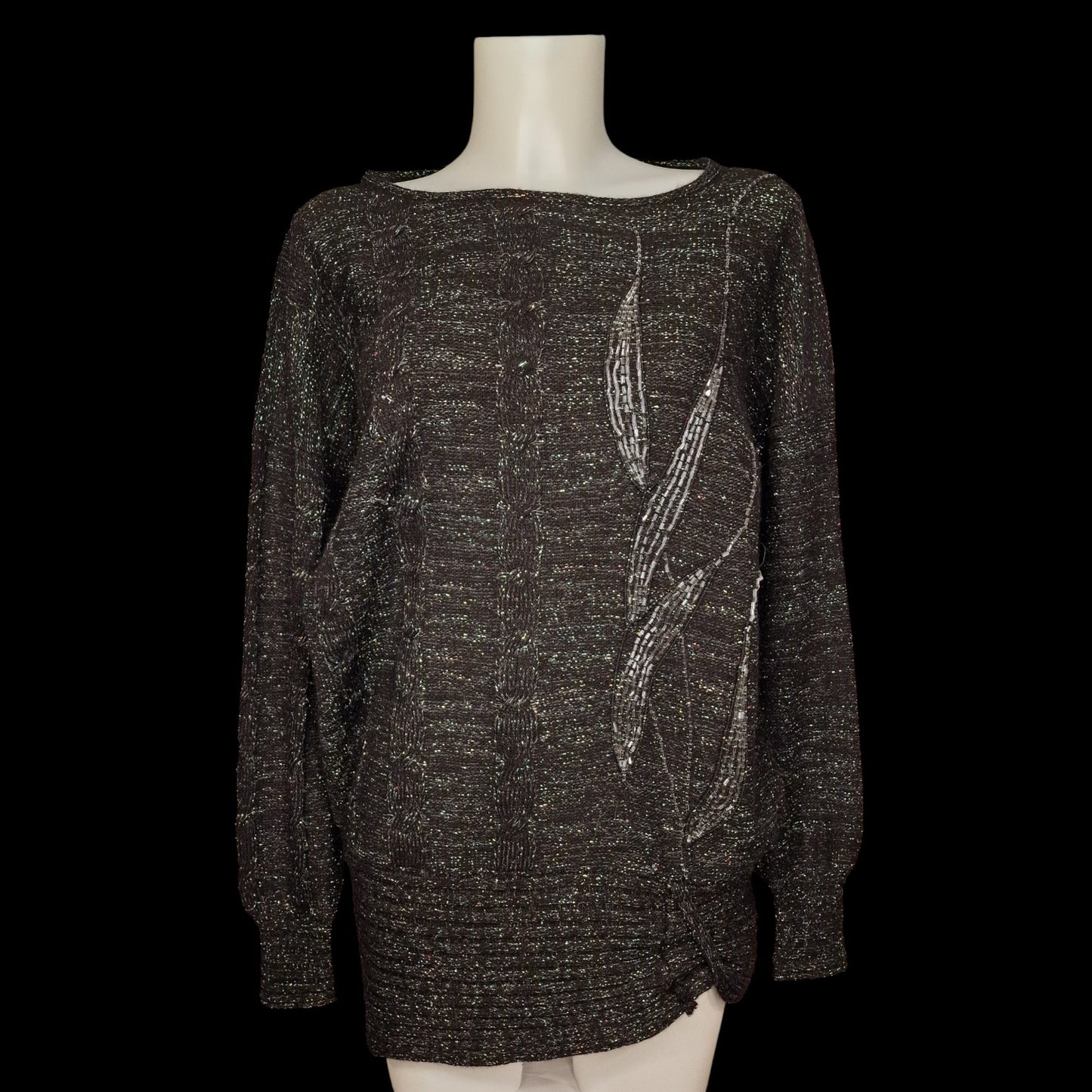 90er Vintage Pullover in schwarz-grau mit Lurex und Pailletten Longpulli