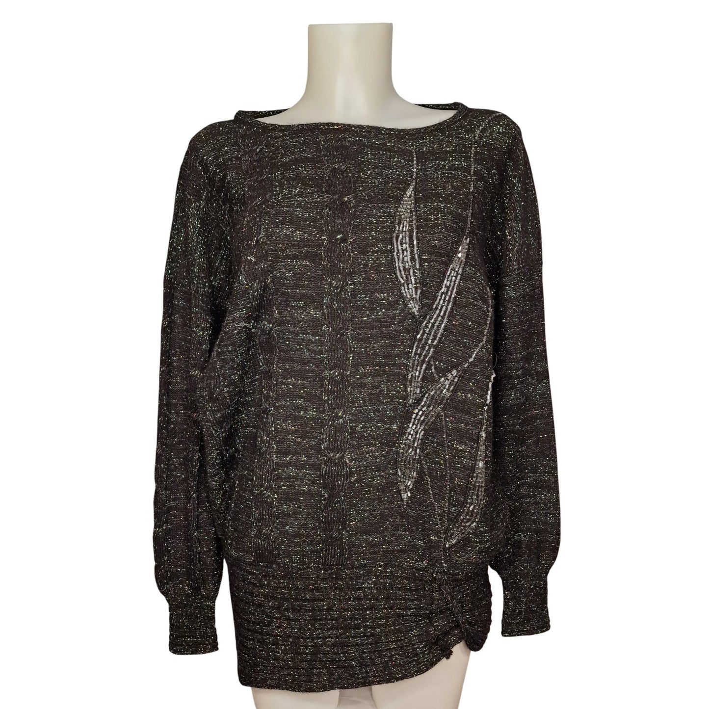 90er Vintage Pullover in schwarz-grau mit Lurex und Pailletten Longpulli