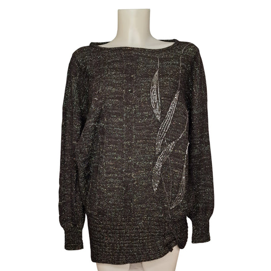 90er Vintage Pullover in schwarz-grau mit Lurex und Pailletten Longpulli