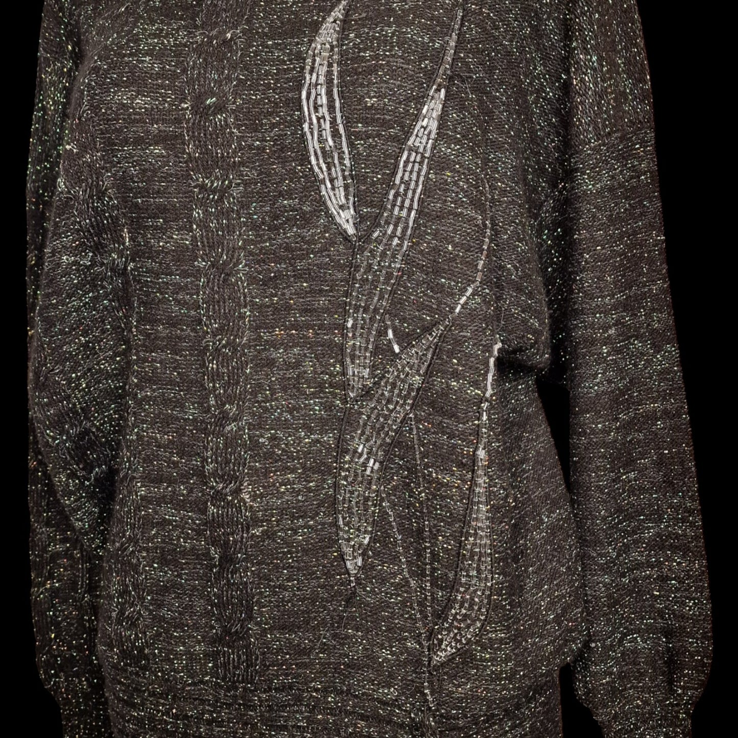 90er Vintage Pullover in schwarz-grau mit Lurex und Pailletten Longpulli