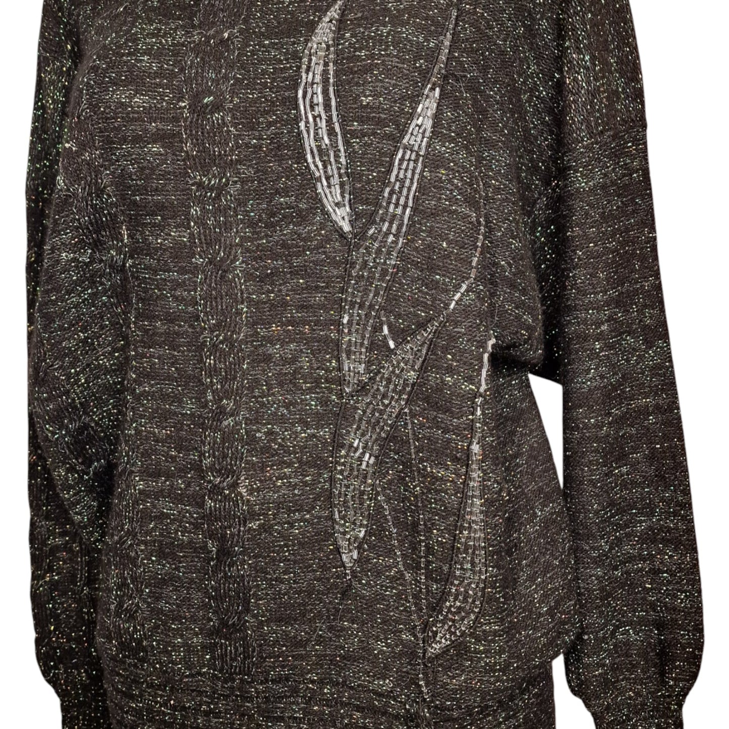 90er Vintage Pullover in schwarz-grau mit Lurex und Pailletten Longpulli