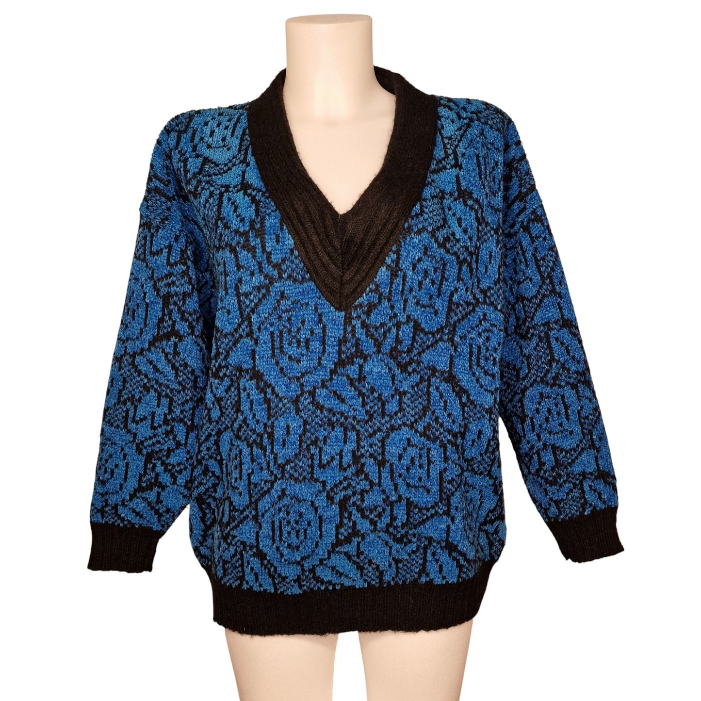 Kult 80er Vintage Strickpullover Blau-schwarz mit V-Ausschnitt Blumenmuster L