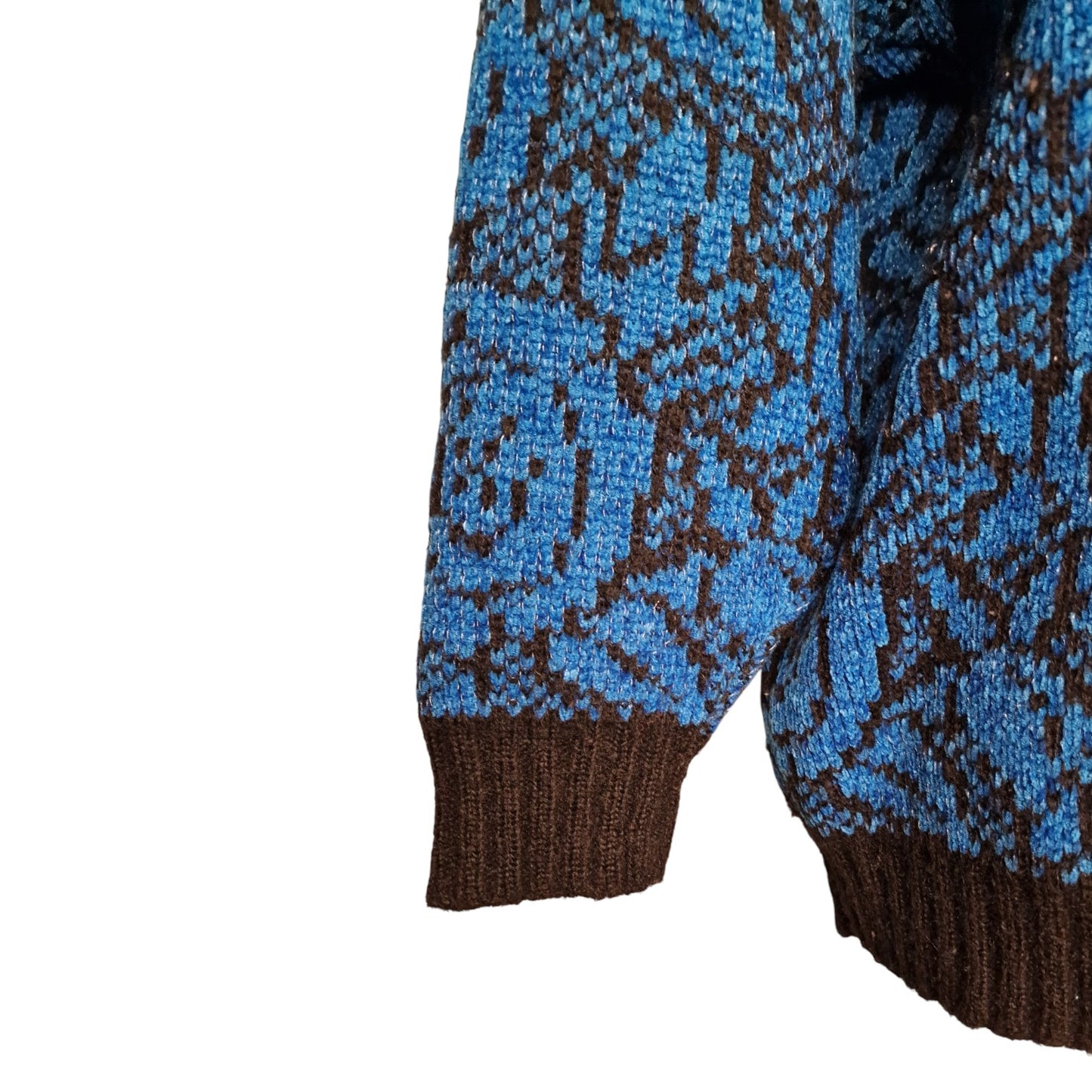 Kult 80er Vintage Strickpullover Blau-schwarz mit V-Ausschnitt Blumenmuster L