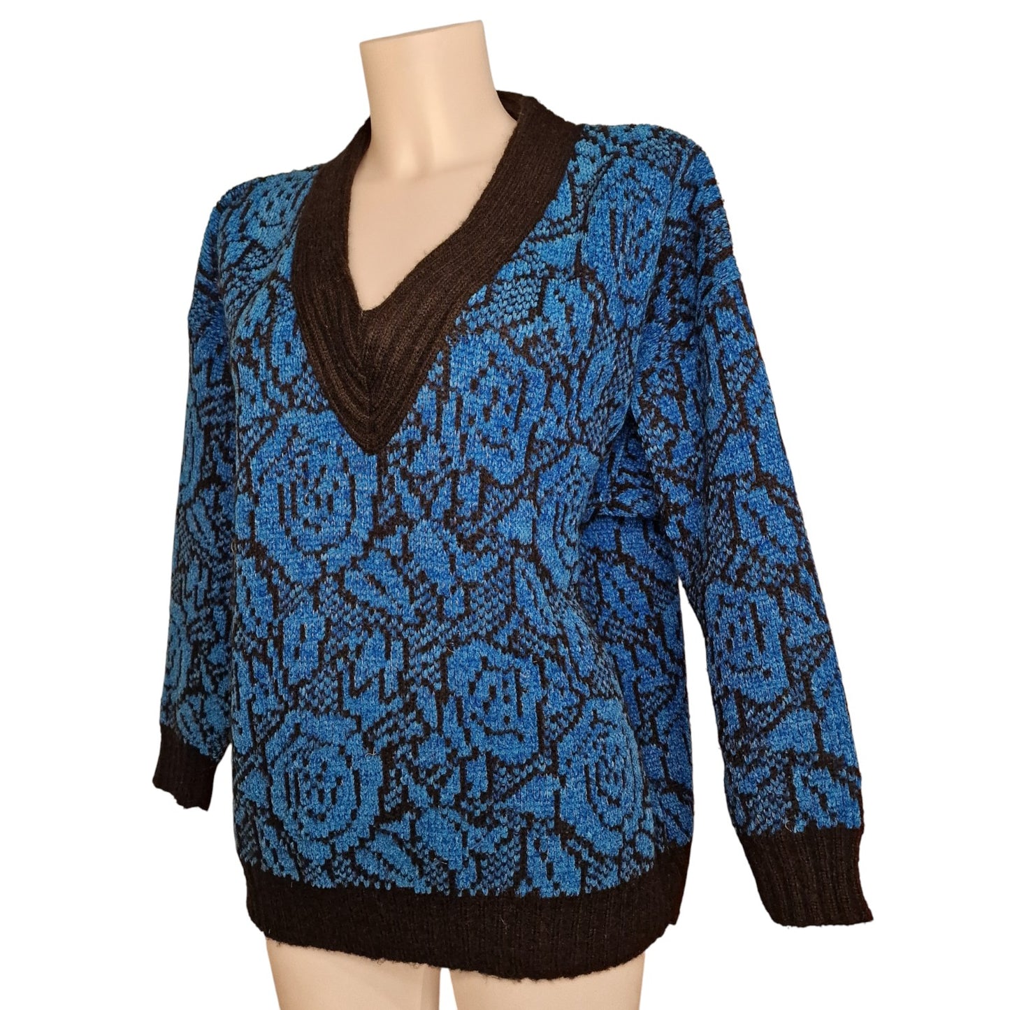 Kult 80er Vintage Strickpullover Blau-schwarz mit V-Ausschnitt Blumenmuster L