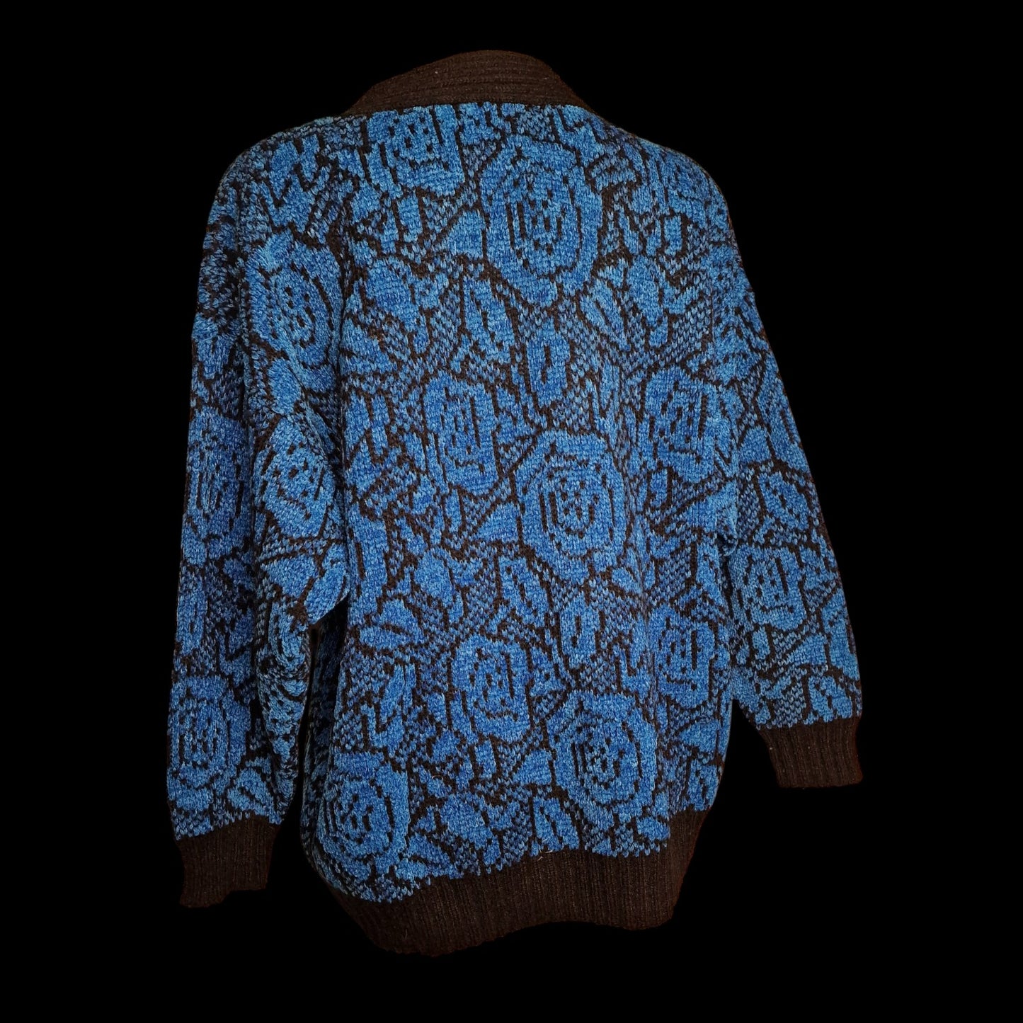 Kult 80er Vintage Strickpullover Blau-schwarz mit V-Ausschnitt Blumenmuster L