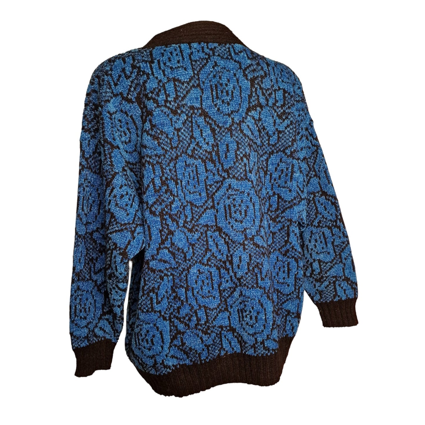 Kult 80er Vintage Strickpullover Blau-schwarz mit V-Ausschnitt Blumenmuster L