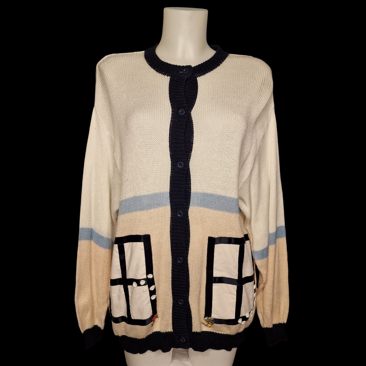 Vintage 80er Strickjacke Oversize mit Fenster-Applikationen "Marionetto" L