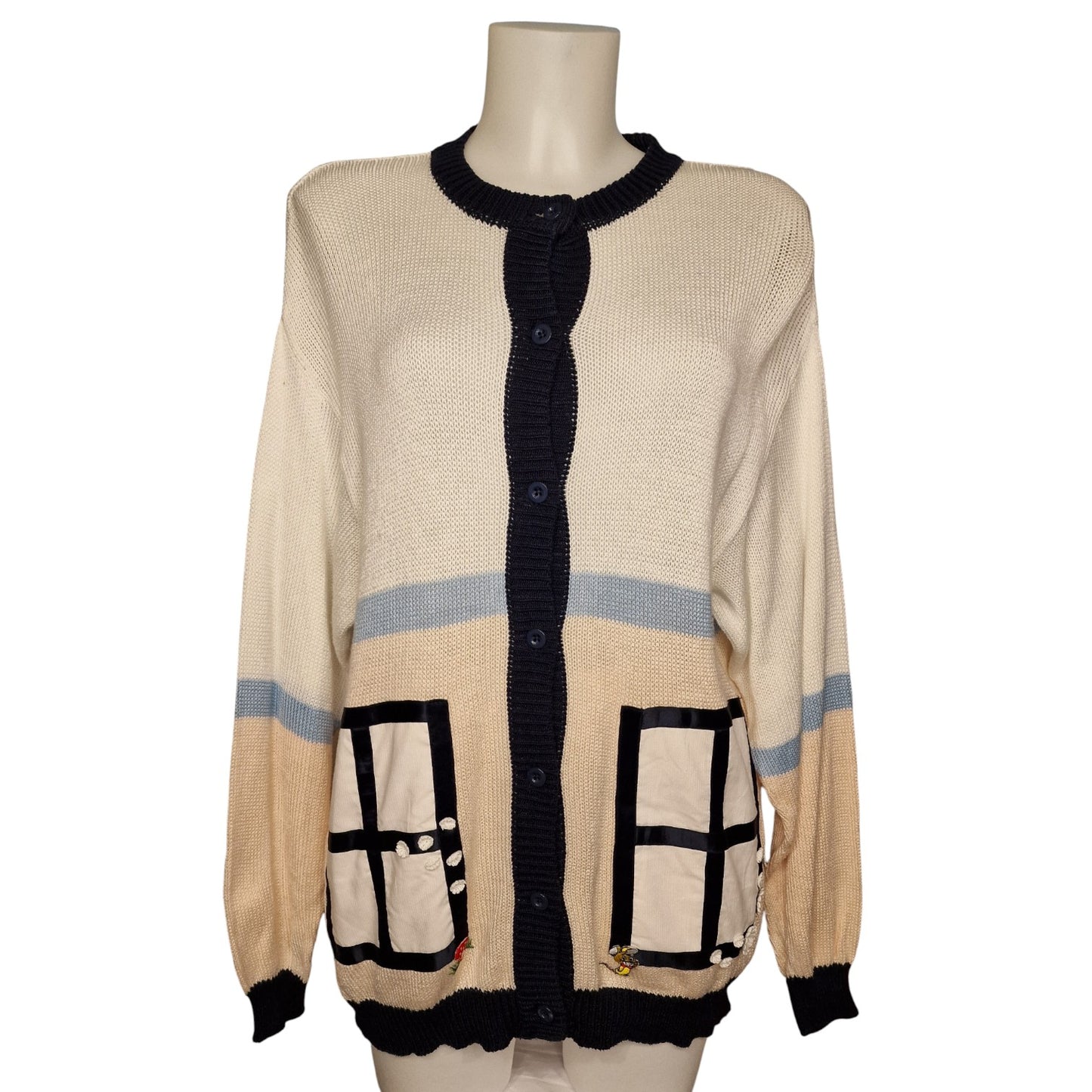 Vintage 80er Strickjacke Oversize mit Fenster-Applikationen "Marionetto" L