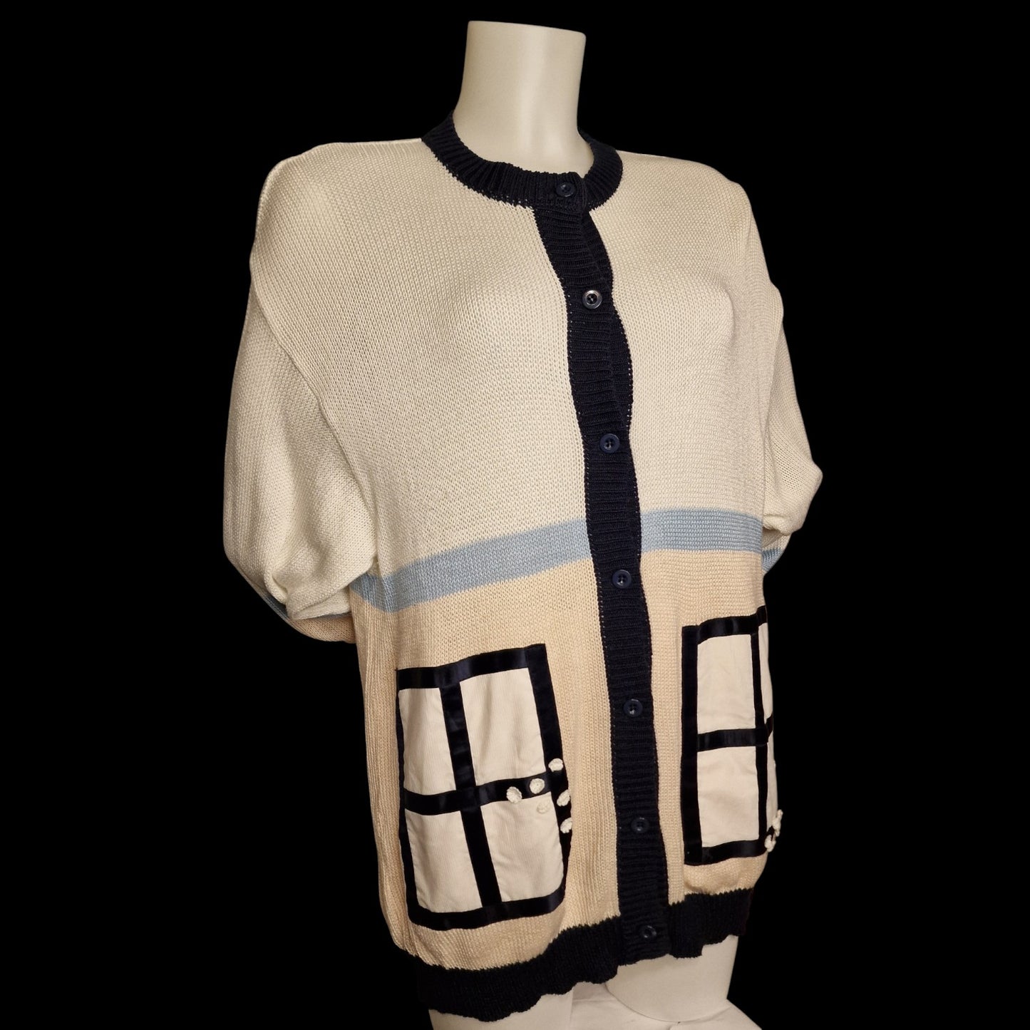 Vintage 80er Strickjacke Oversize mit Fenster-Applikationen "Marionetto" L