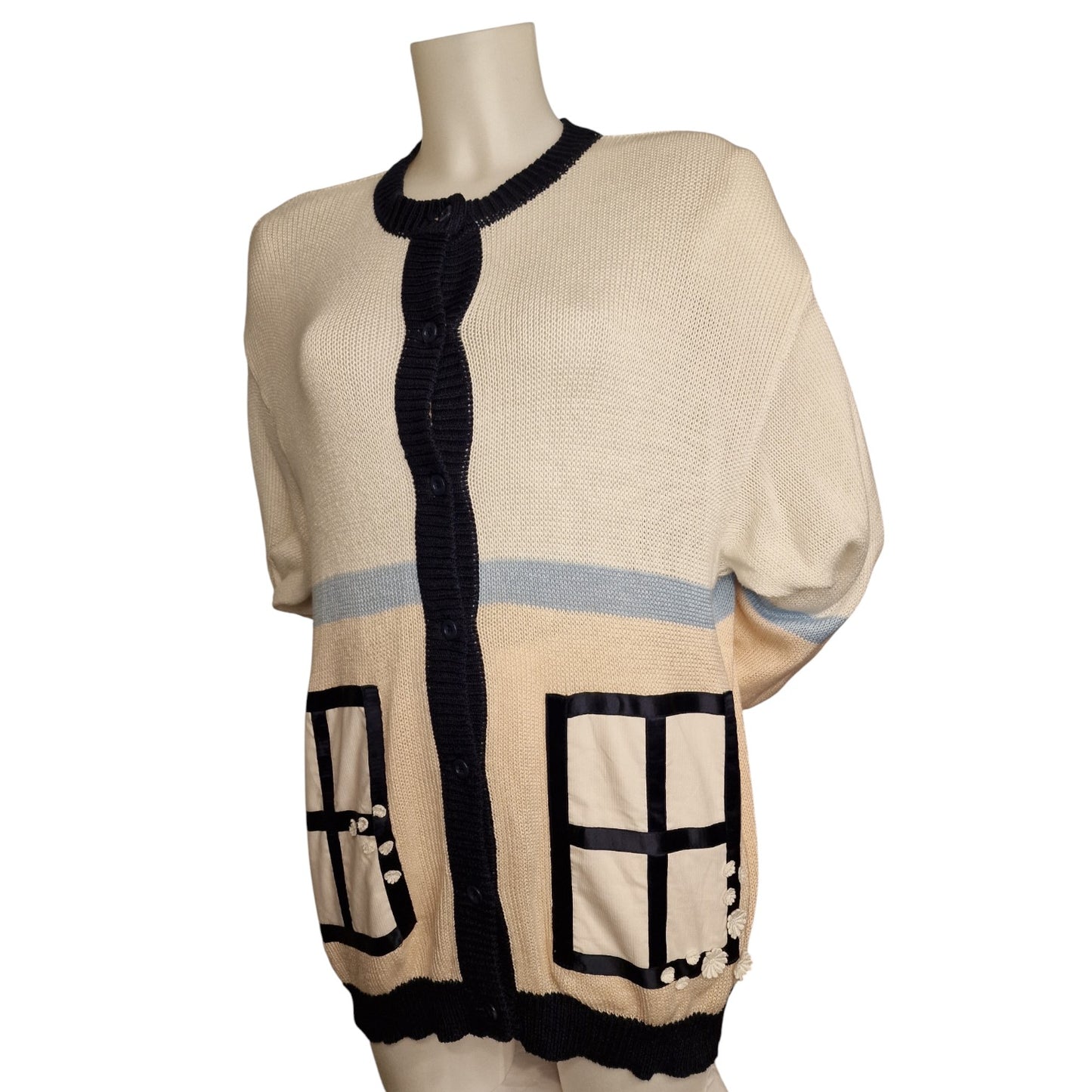 Vintage 80er Strickjacke Oversize mit Fenster-Applikationen "Marionetto" L