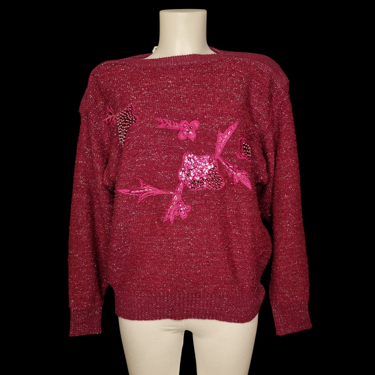 Vintage Glitzer-Pullover Bordeaux mit Pailletten-Blumen M