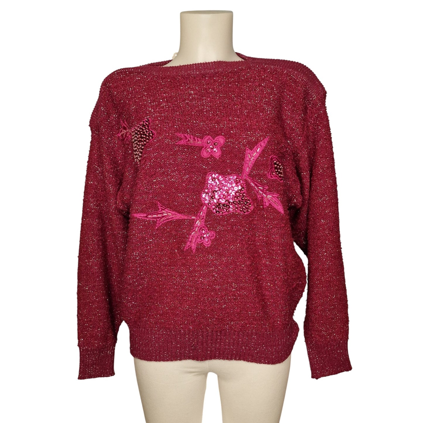 Vintage Glitzer-Pullover Bordeaux mit Pailletten-Blumen M