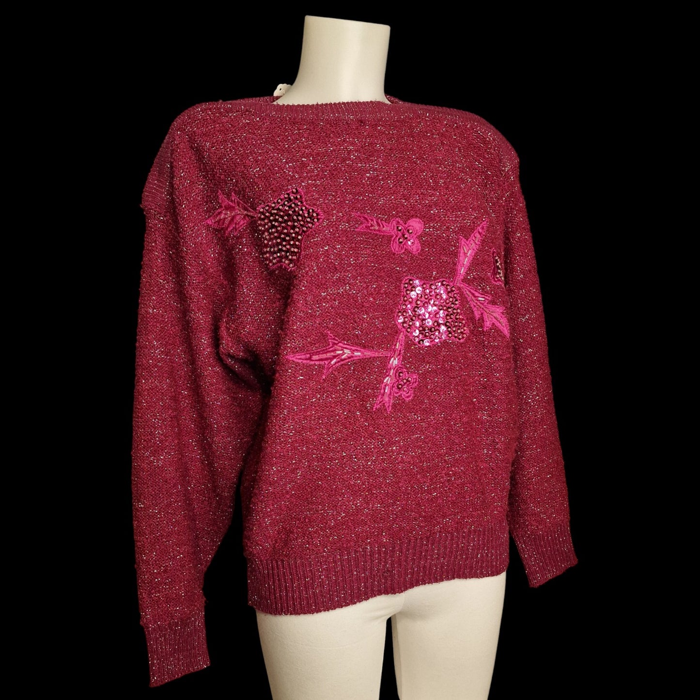 Vintage Glitzer-Pullover Bordeaux mit Pailletten-Blumen M