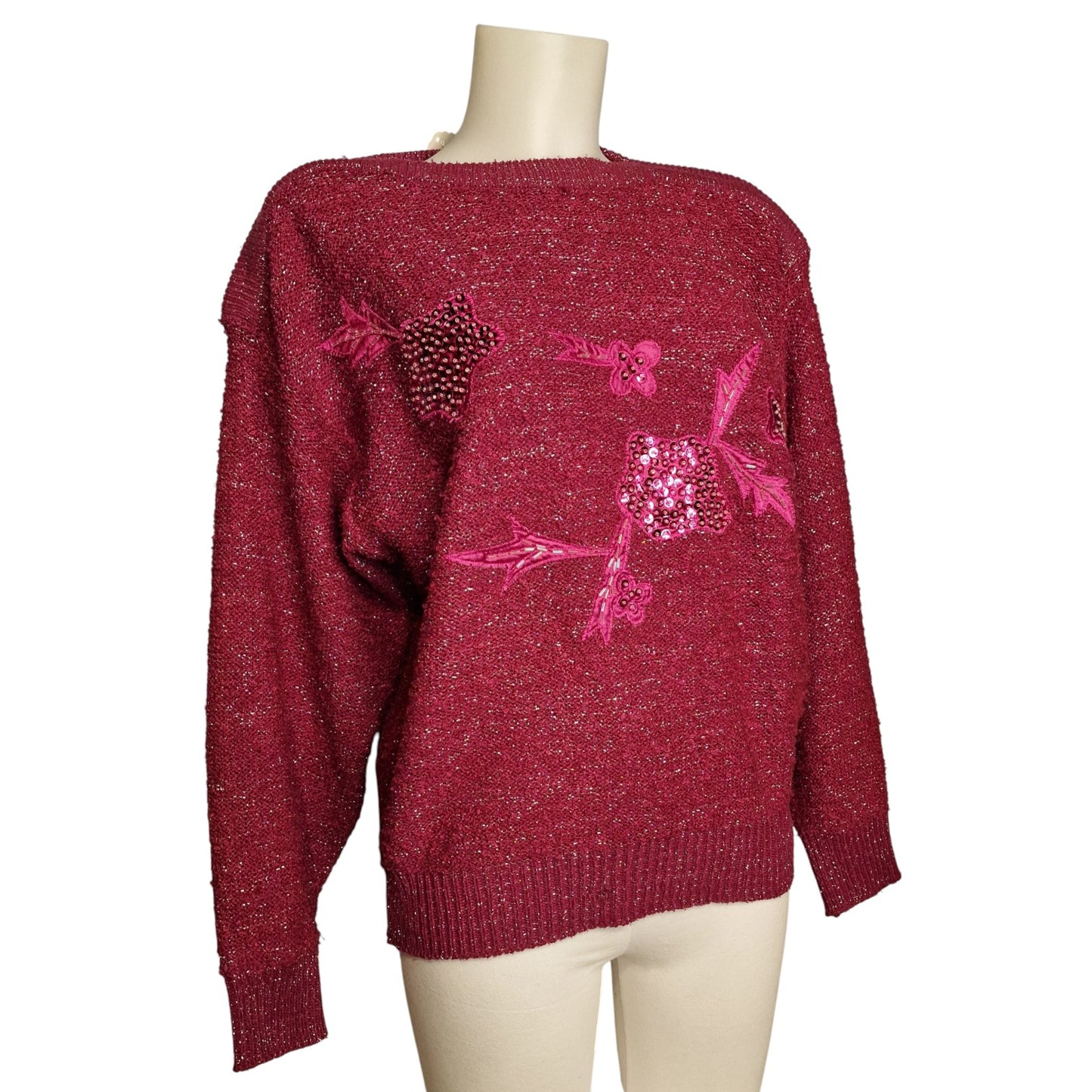 Vintage Glitzer-Pullover Bordeaux mit Pailletten-Blumen M