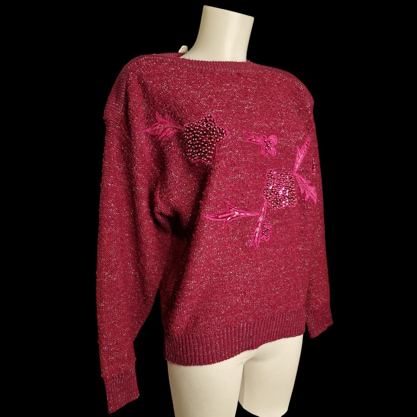 Vintage Glitzer-Pullover Bordeaux mit Pailletten-Blumen M