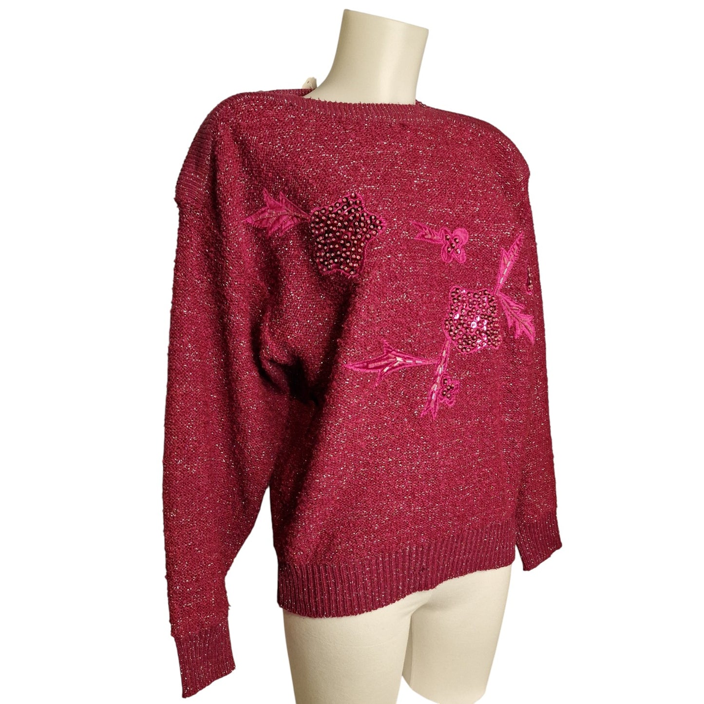 Vintage Glitzer-Pullover Bordeaux mit Pailletten-Blumen M