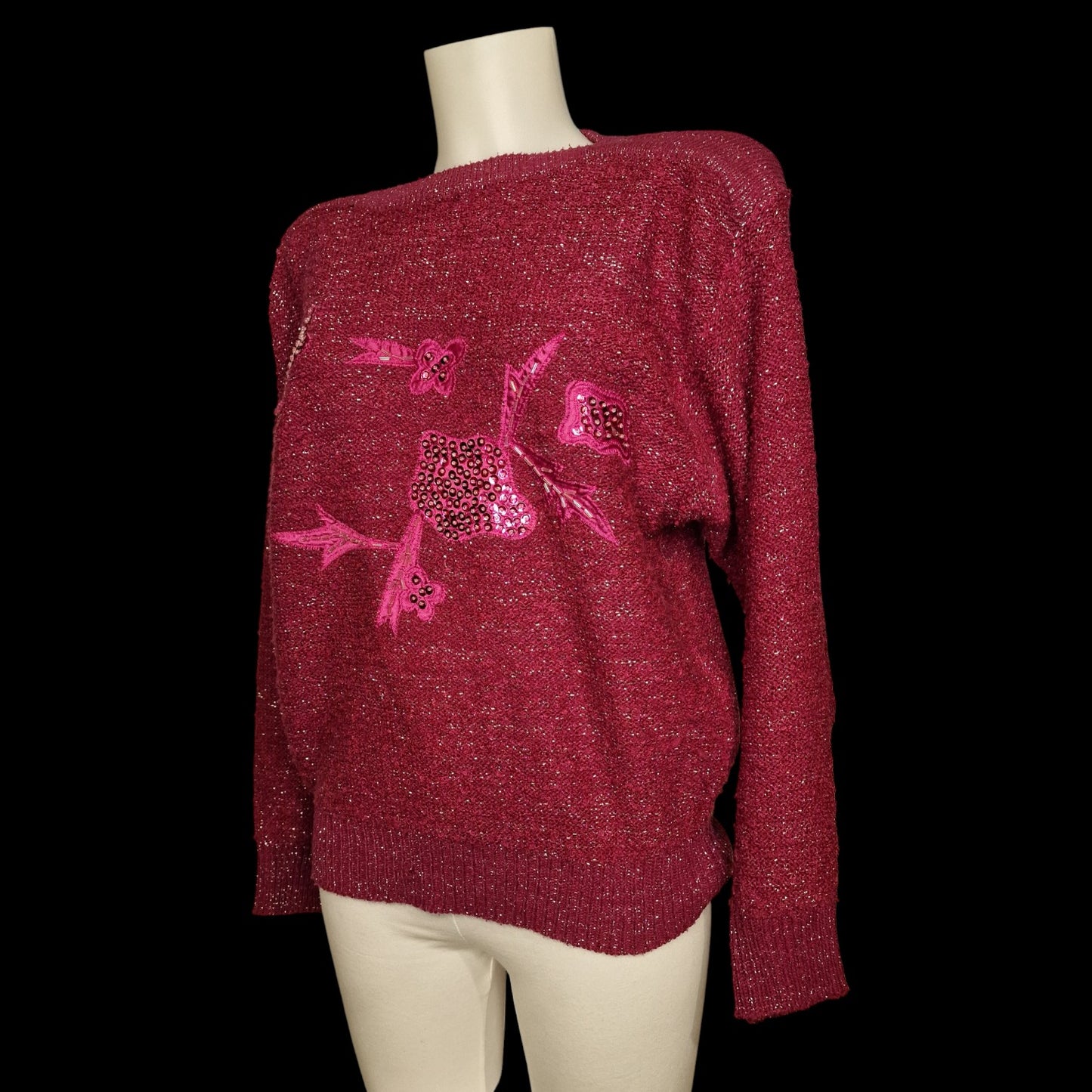 Vintage Glitzer-Pullover Bordeaux mit Pailletten-Blumen M