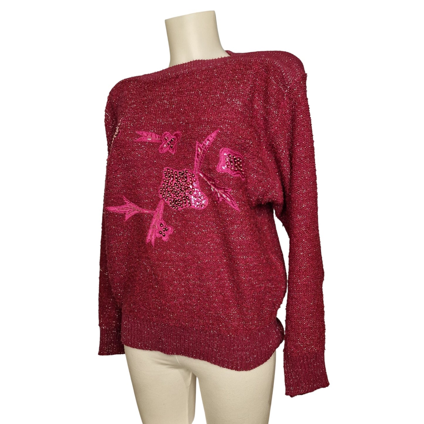 Vintage Glitzer-Pullover Bordeaux mit Pailletten-Blumen M