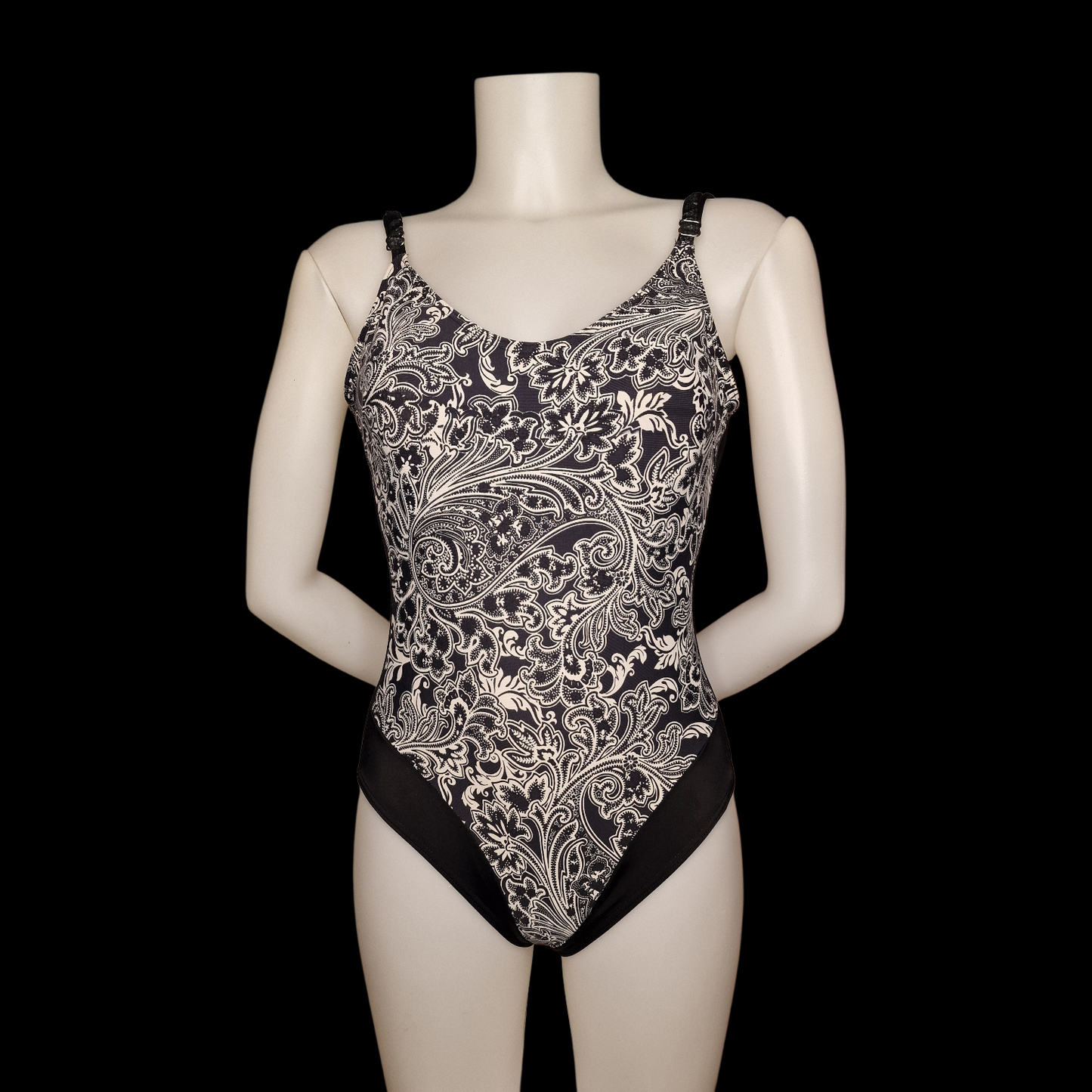 Original Vintage 90s Badeanzug – Paisley Design – Schwarz & Weiß M/L