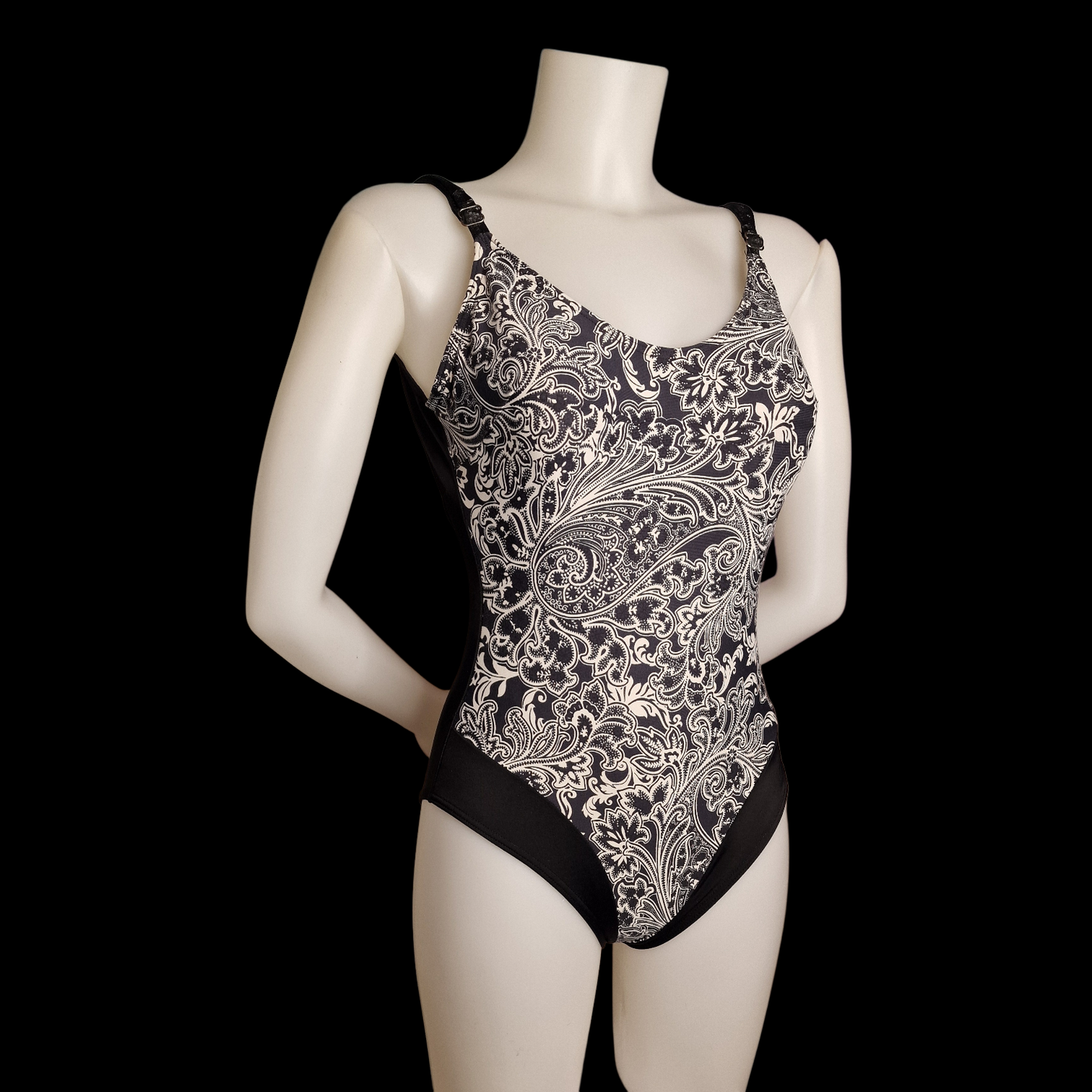 Original Vintage 90s Badeanzug – Paisley Design – Schwarz & Weiß M/L
