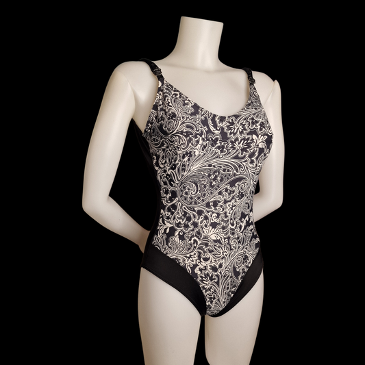 Original Vintage 90s Badeanzug – Paisley Design – Schwarz & Weiß M/L