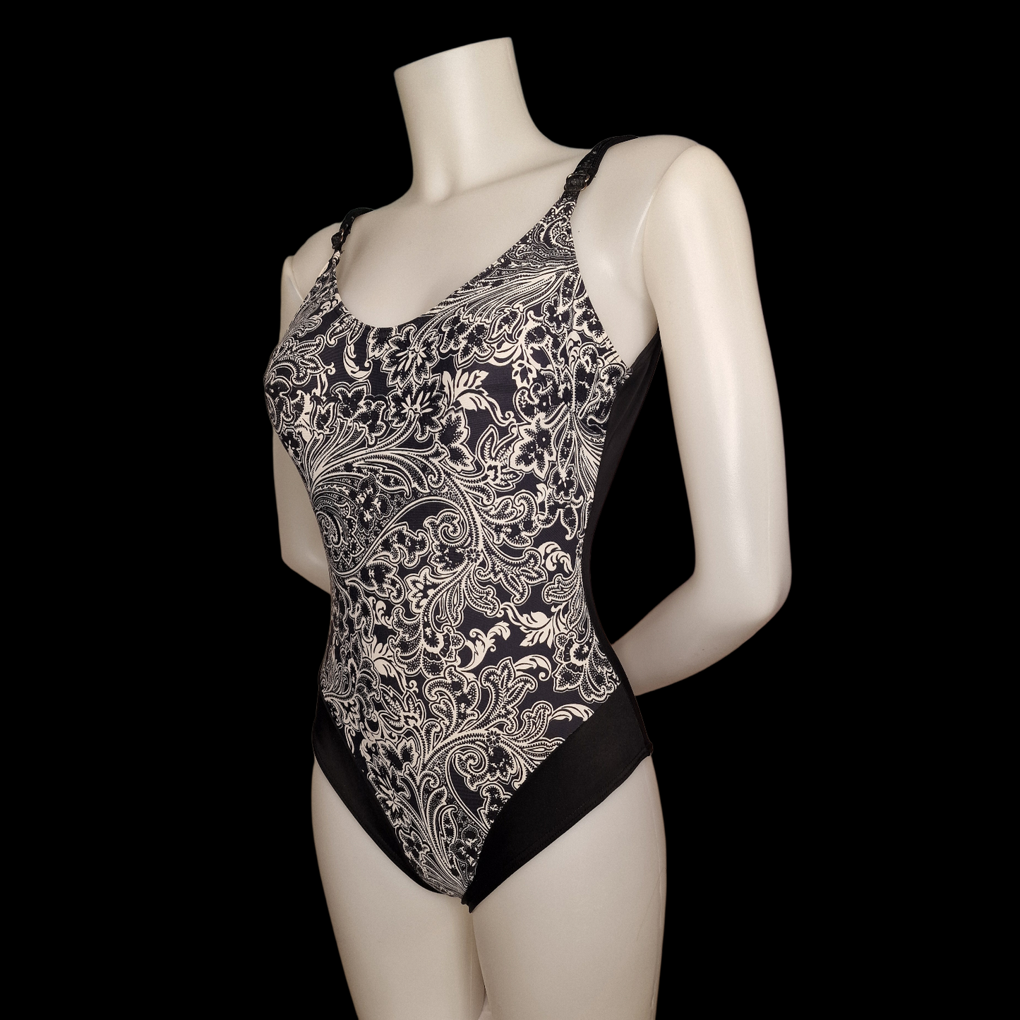 Original Vintage 90s Badeanzug – Paisley Design – Schwarz & Weiß M/L