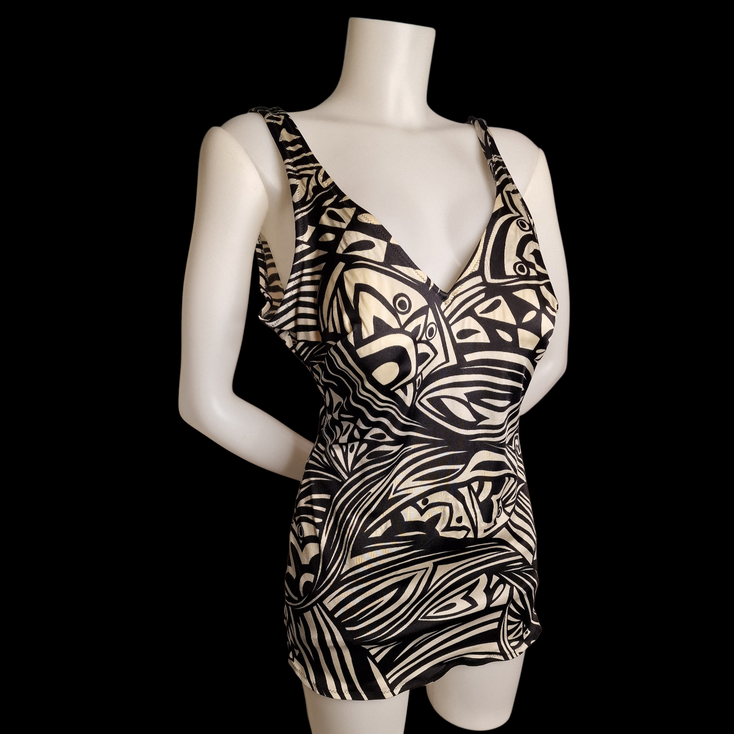 Vintage 80s/90s Badeanzug – Tribal Tapa Print – Schwarz & Creme – Retro Beachwear L