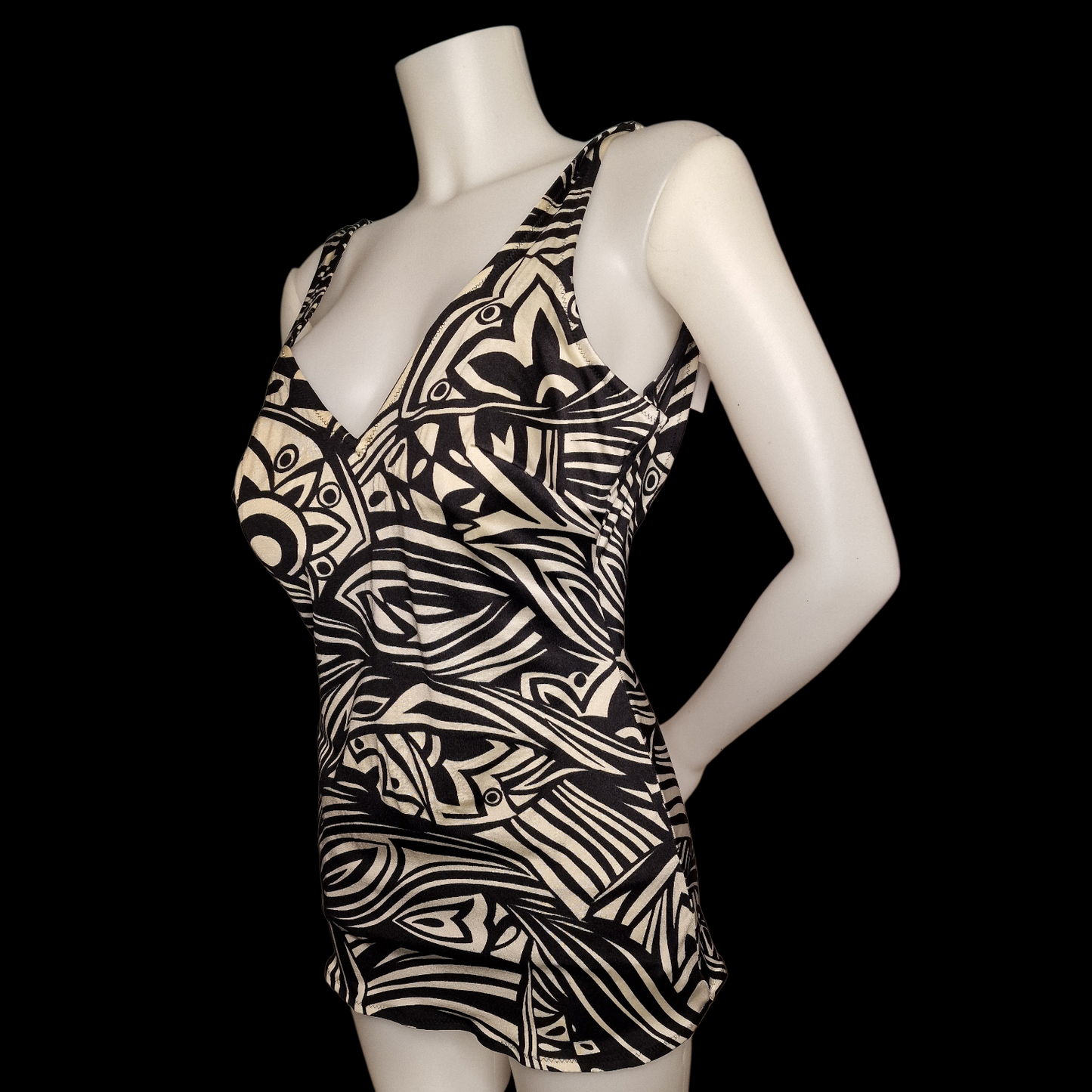 Vintage 80s/90s Badeanzug – Tribal Tapa Print – Schwarz & Creme – Retro Beachwear L