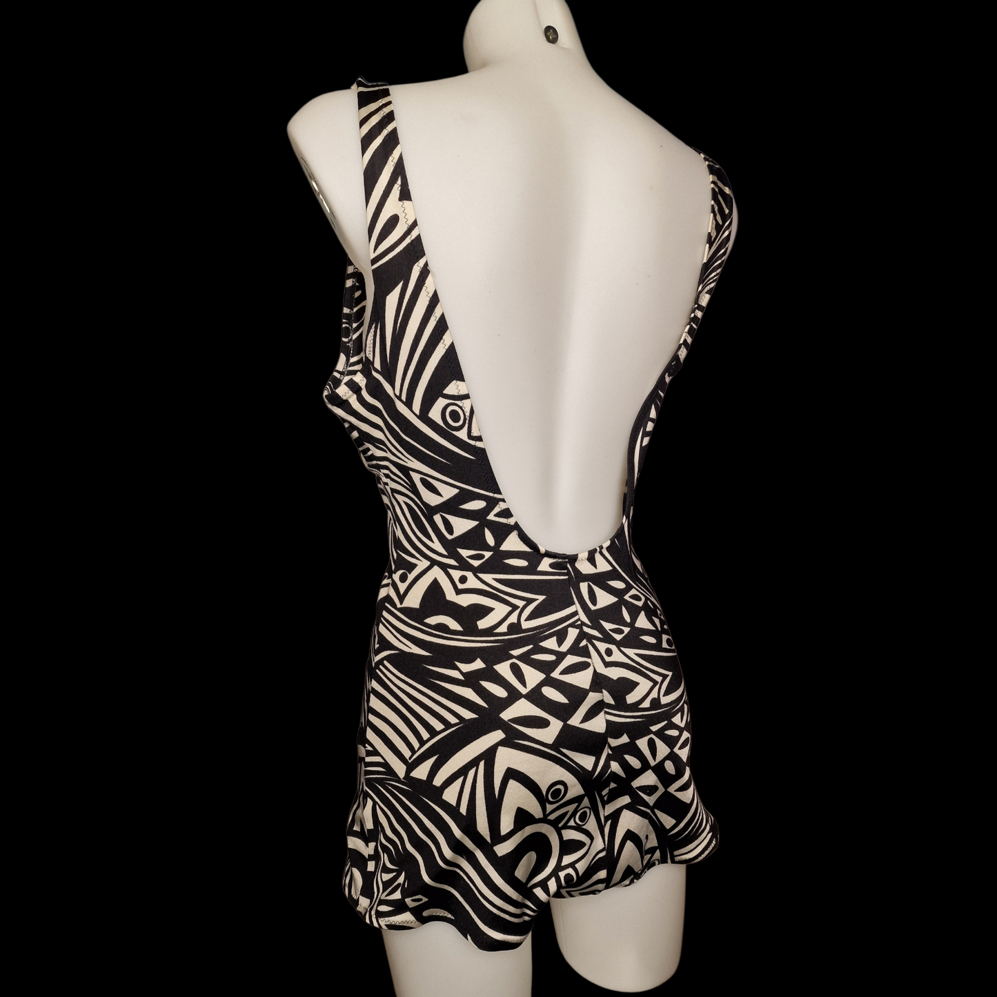 Vintage 80s/90s Badeanzug – Tribal Tapa Print – Schwarz & Creme – Retro Beachwear L