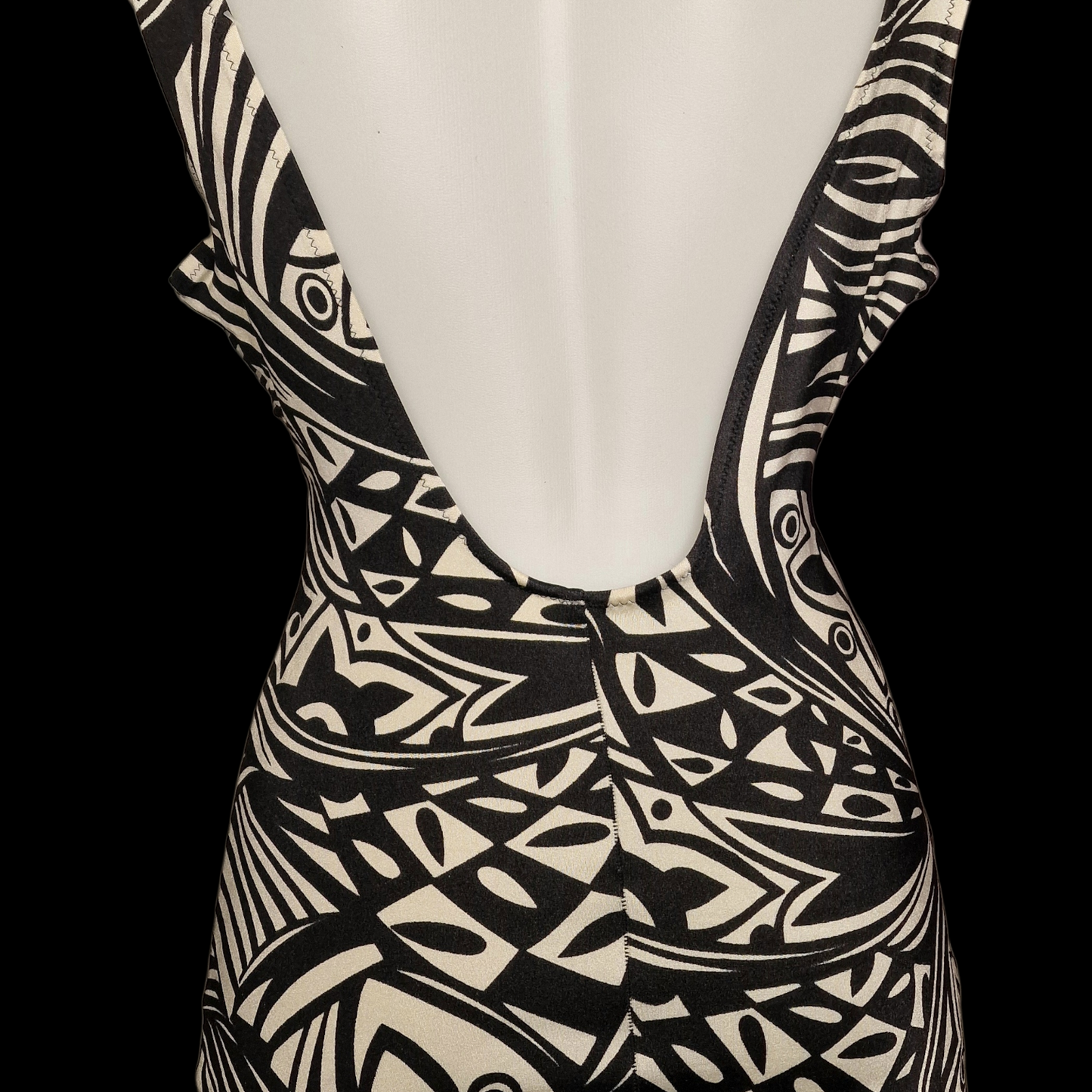 Vintage 80s/90s Badeanzug – Tribal Tapa Print – Schwarz & Creme – Retro Beachwear L