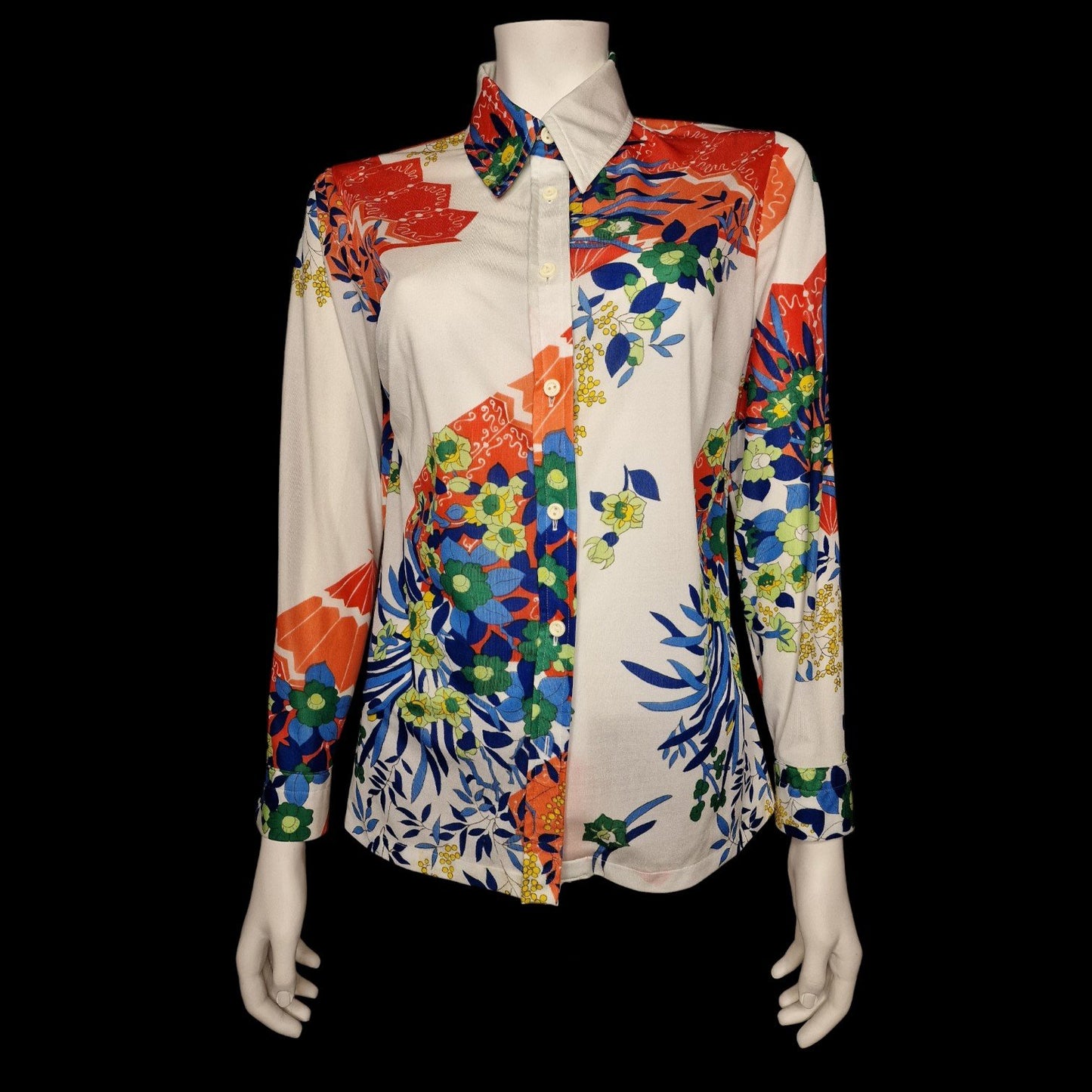 Schrille 70er Bluse Hemd ,Japan Fächer Motiv Weiß Orange Spitzer Kragen M
