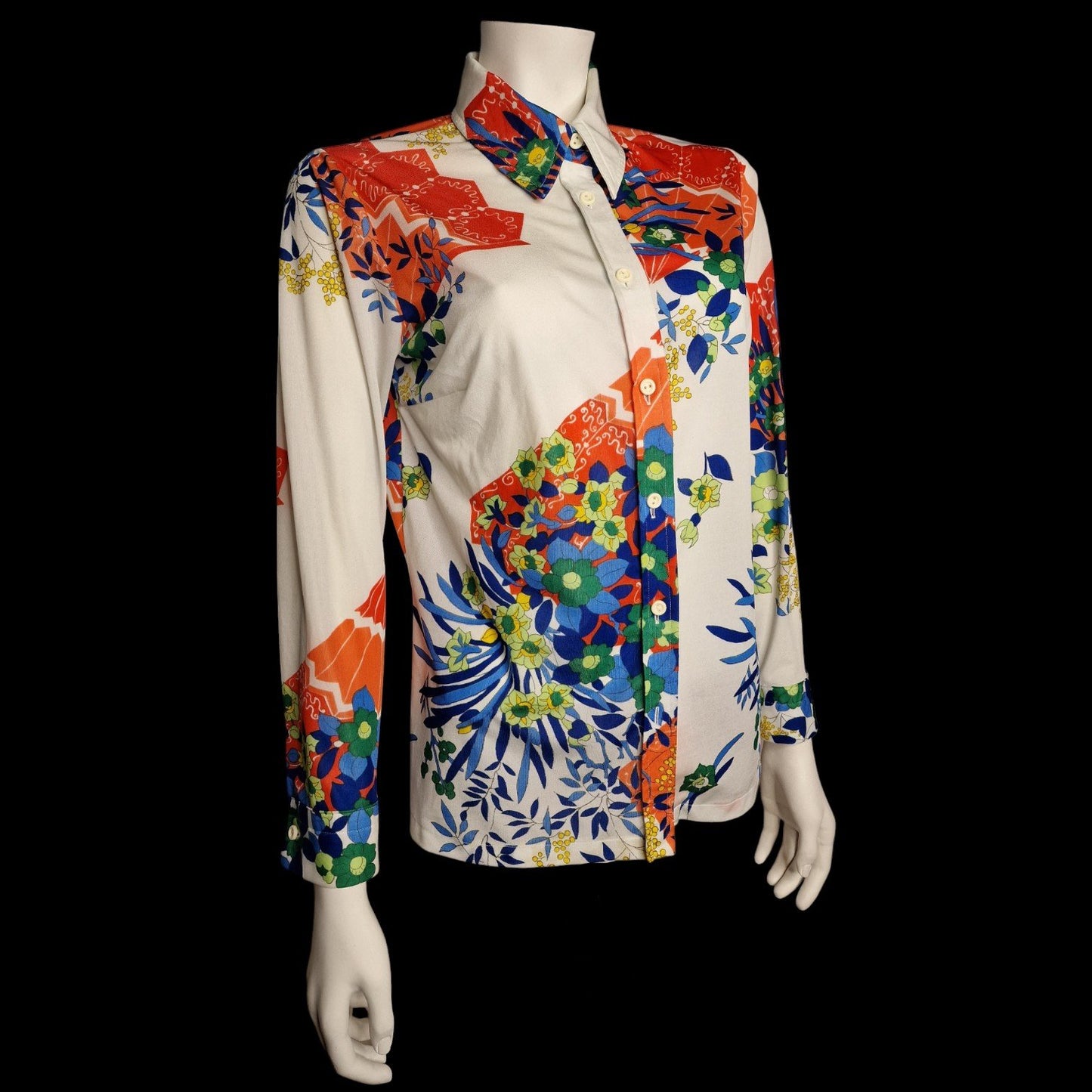 Schrille 70er Bluse Hemd ,Japan Fächer Motiv Weiß Orange Spitzer Kragen M