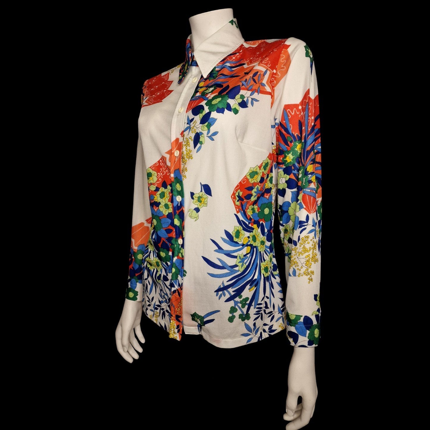 Schrille 70er Bluse Hemd ,Japan Fächer Motiv Weiß Orange Spitzer Kragen M