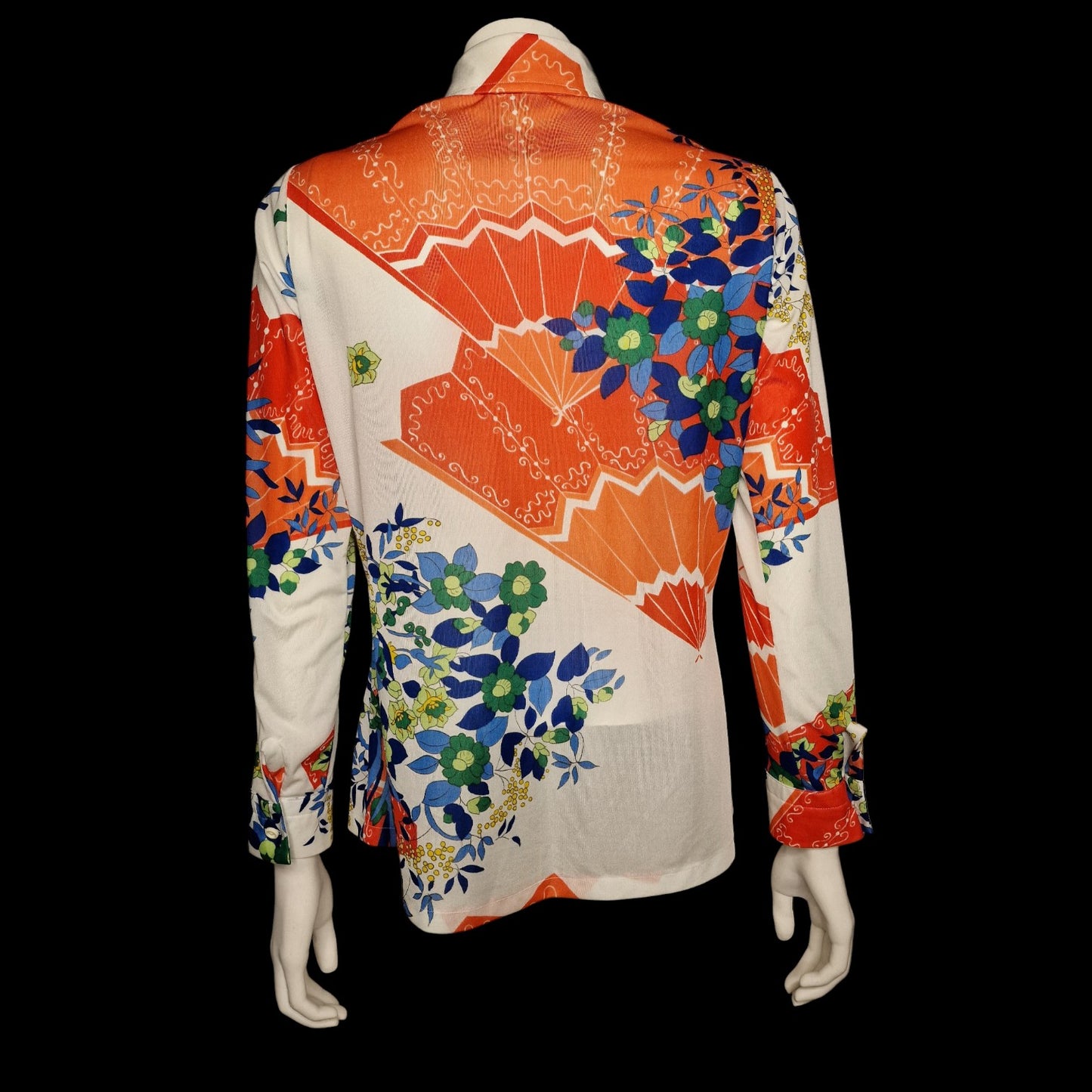 Schrille 70er Bluse Hemd ,Japan Fächer Motiv Weiß Orange Spitzer Kragen M