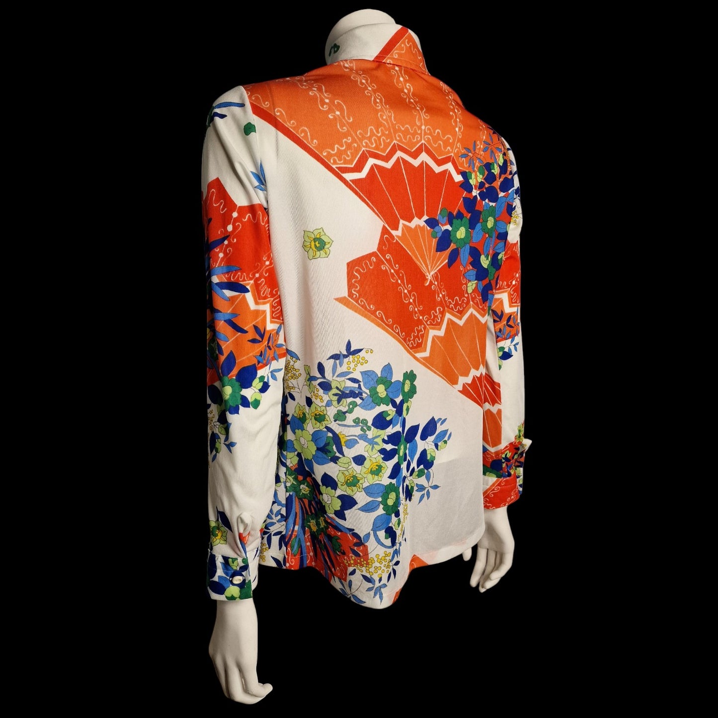 Schrille 70er Bluse Hemd ,Japan Fächer Motiv Weiß Orange Spitzer Kragen M