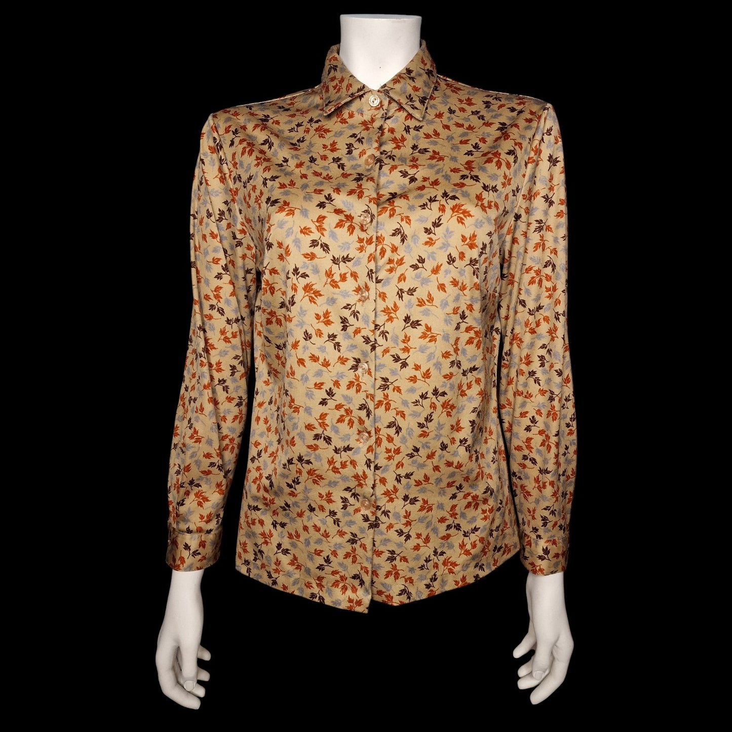 Zauberhafte Vintage Bluse "Herbstlaub" Motiv in Beige-Braun klassisch M 70er