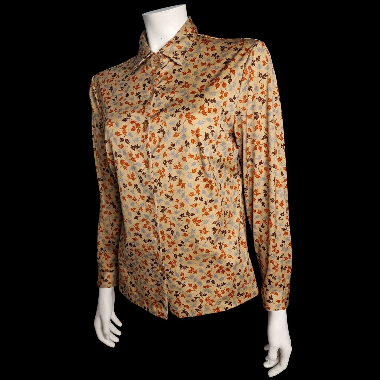 Zauberhafte Vintage Bluse "Herbstlaub" Motiv in Beige-Braun klassisch M 70er
