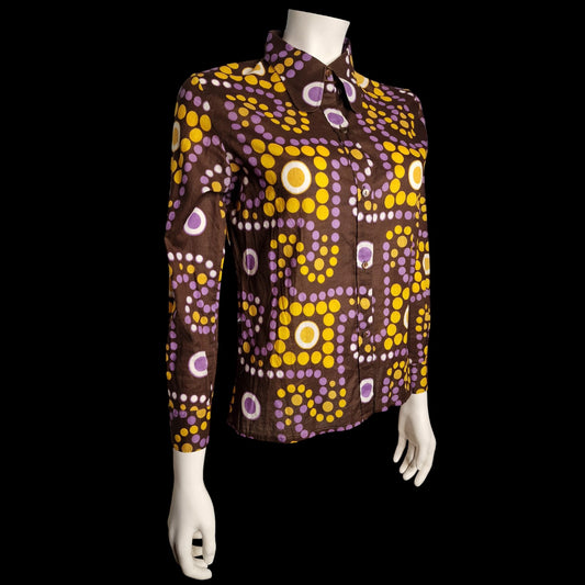 Typische True Vintage 70er Bluse  psychedelisches Muster in gelb-violett M
