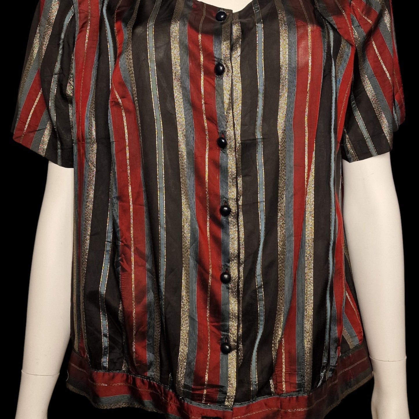 Typische 80er True Vintage Bluse Streifen Lurex Rot Gold Schwarz L