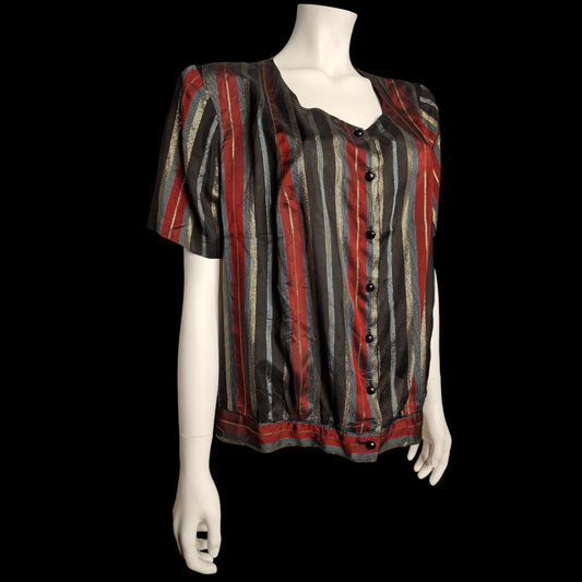 Typische 80er True Vintage Bluse Streifen Lurex Rot Gold Schwarz L