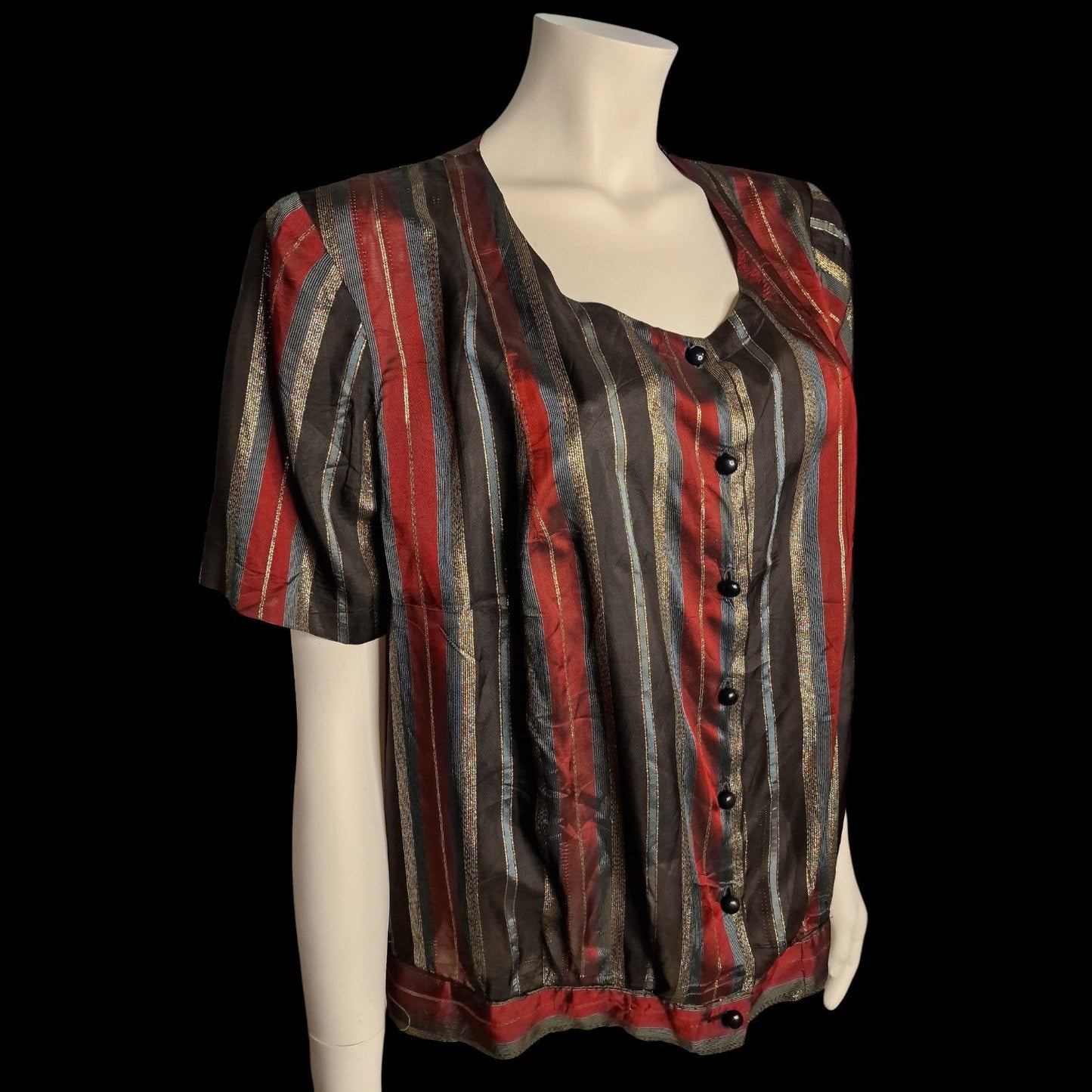 Typische 80er True Vintage Bluse Streifen Lurex Rot Gold Schwarz L