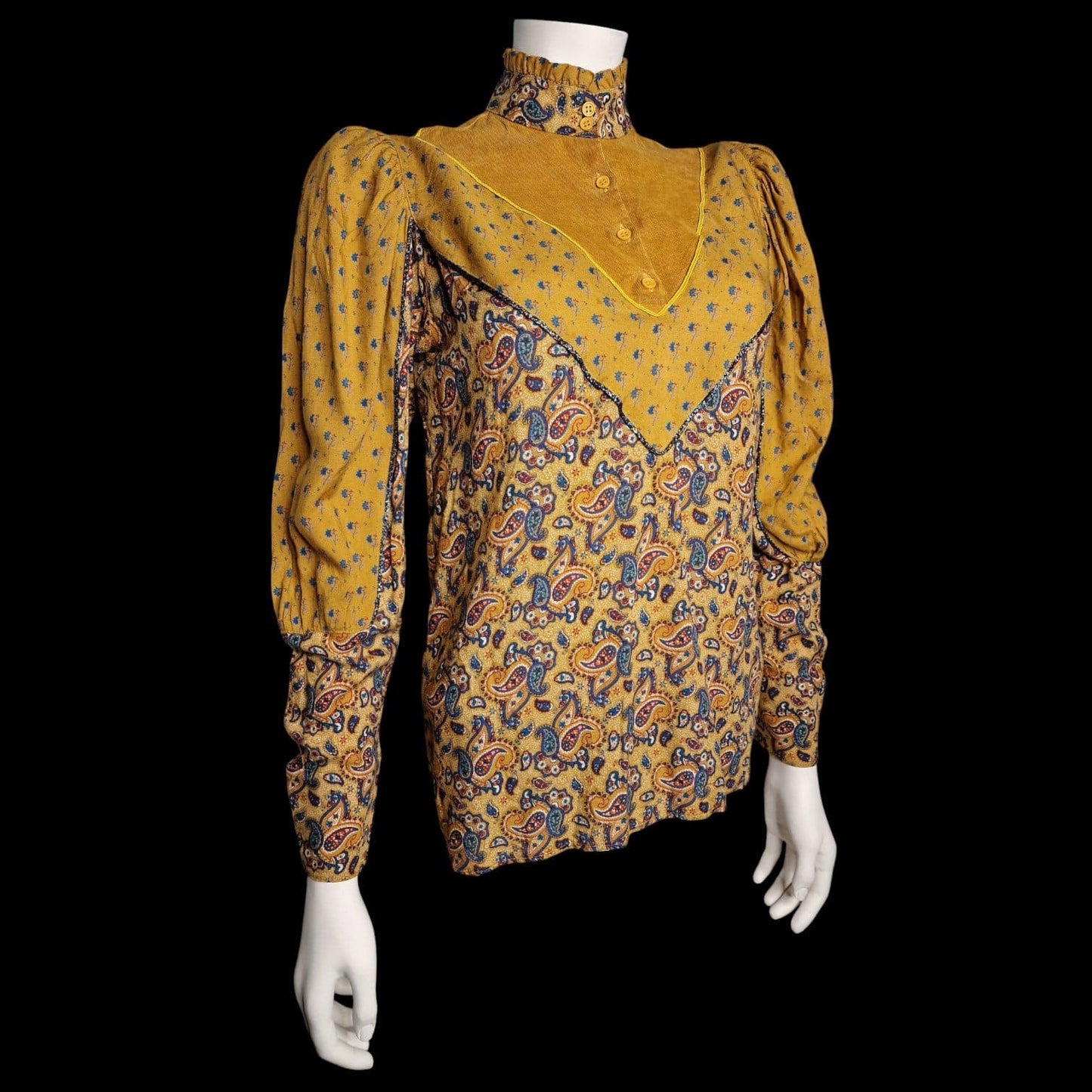 Vintage Bluse Paisley Senfgelb - Puffärmel & Stehkragen / La Femme Pierre Jacques
