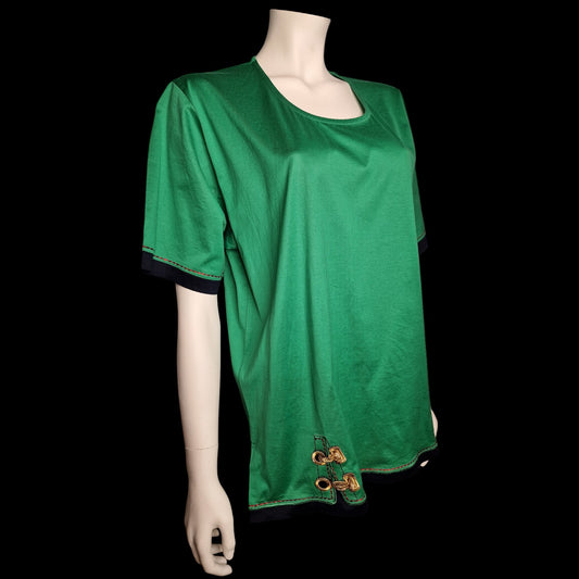 True Vintage T-Shirt in Smaragdgrün mit Goldstickerei 90er M