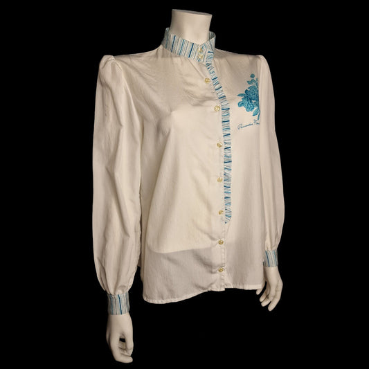 80er Designer-Bluse Primavera Firenze in Creme mit Türkis Blumenmotiv M/L