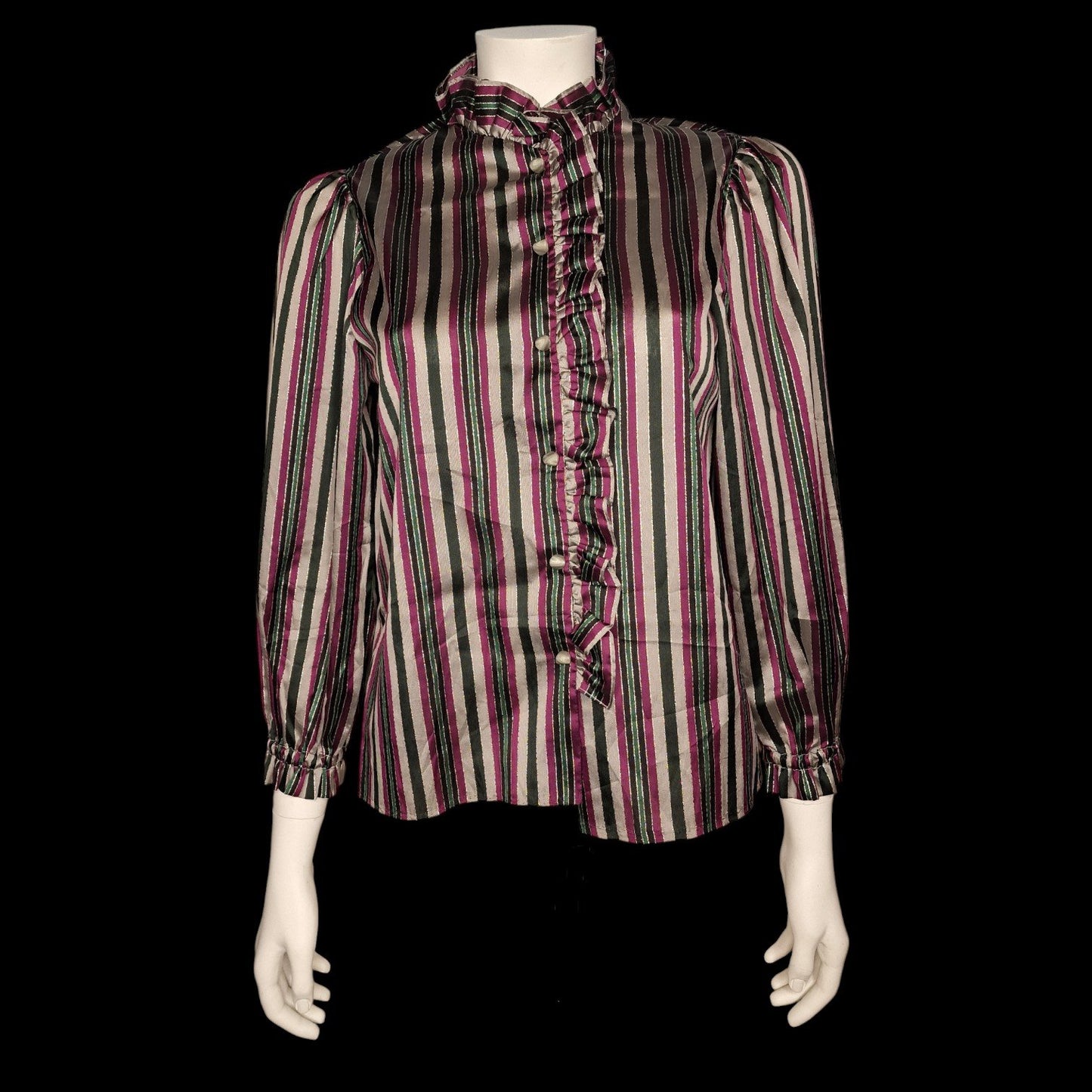 Vintage Bluse 80er Jahre - Bunt gestreift mit Rüschenkragen S