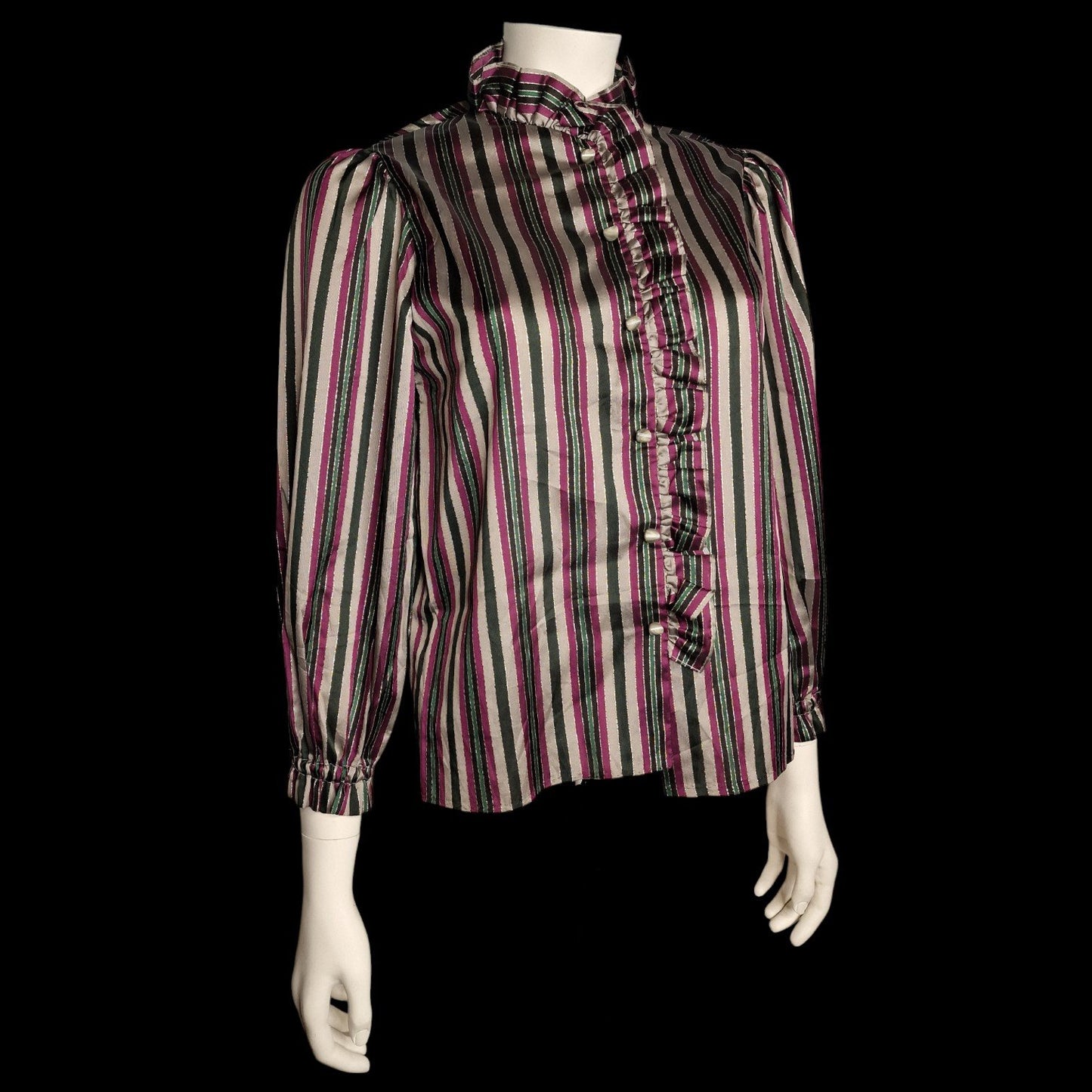 Vintage Bluse 80er Jahre - Bunt gestreift mit Rüschenkragen S