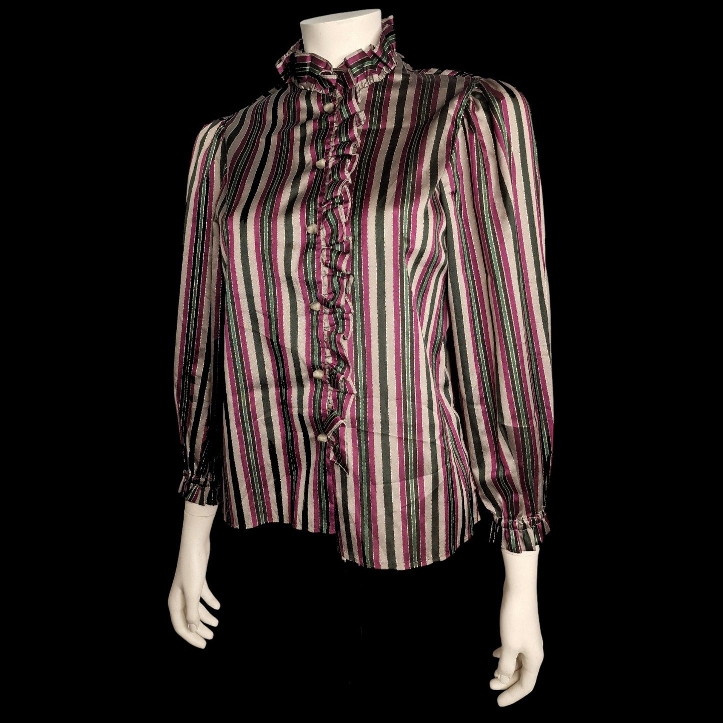 Vintage Bluse 80er Jahre - Bunt gestreift mit Rüschenkragen S