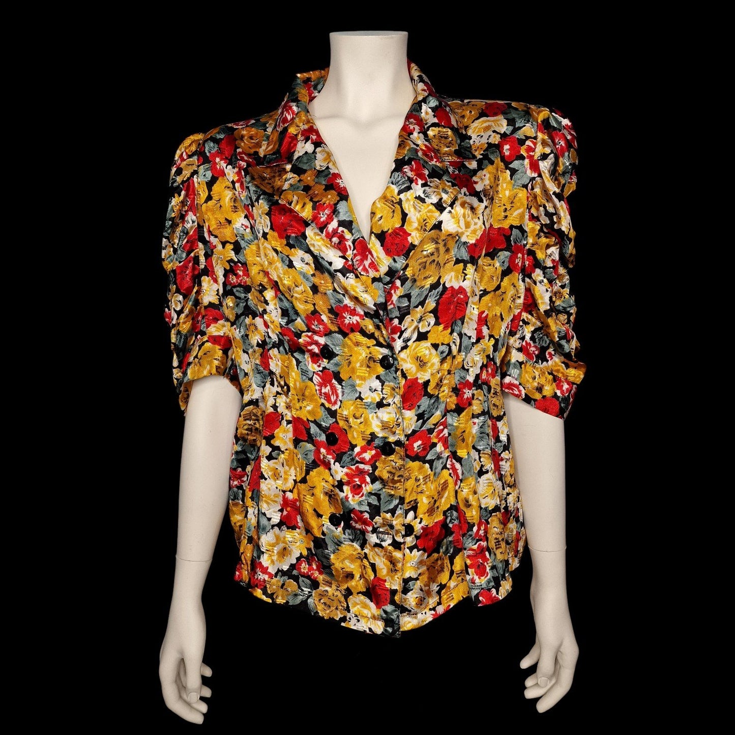 Italienische Vintage Bluse mit Blumenmuster in Gelb und Rot Puffärmel L