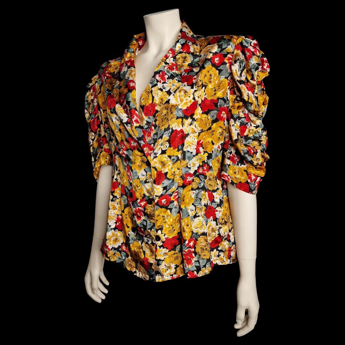 Italienische Vintage Bluse mit Blumenmuster in Gelb und Rot Puffärmel L